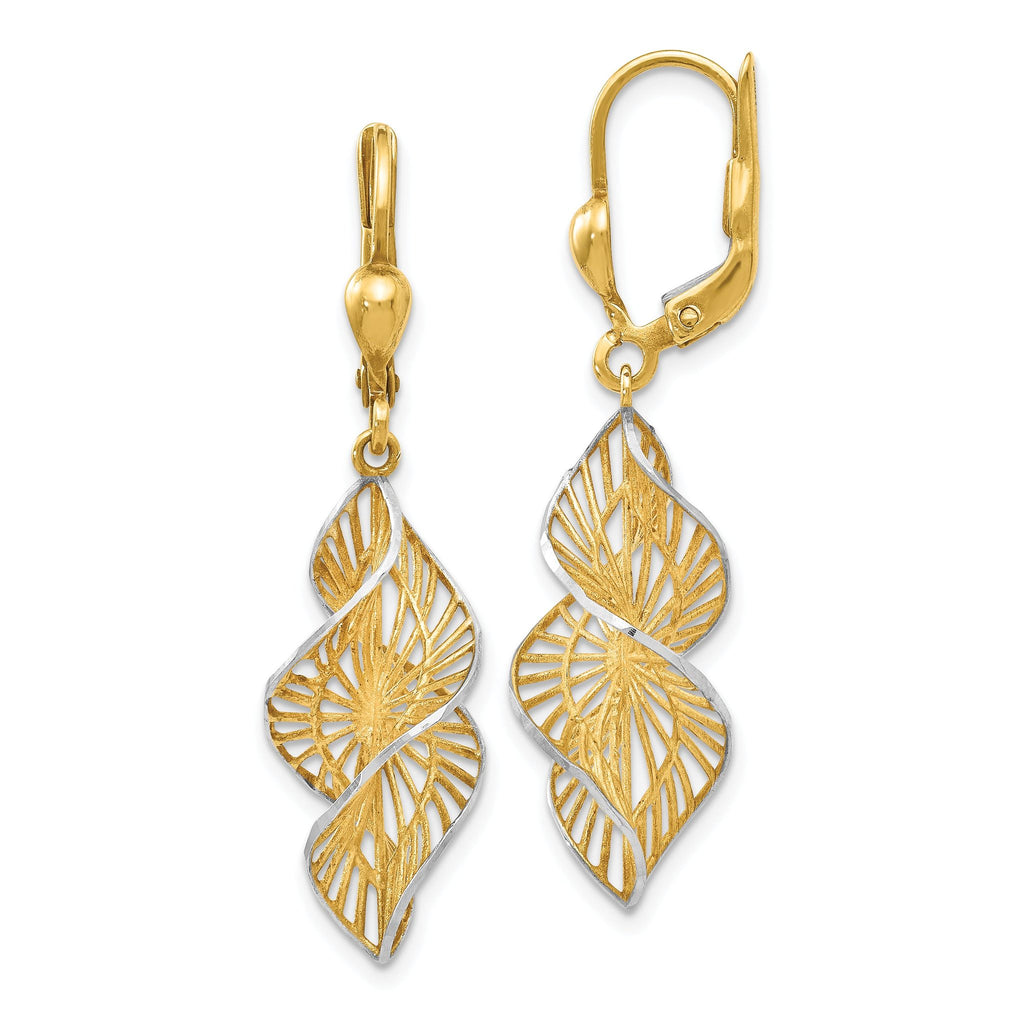 14K Gold Diamond-Cut Leverback Earrings with White Rhodium Finish