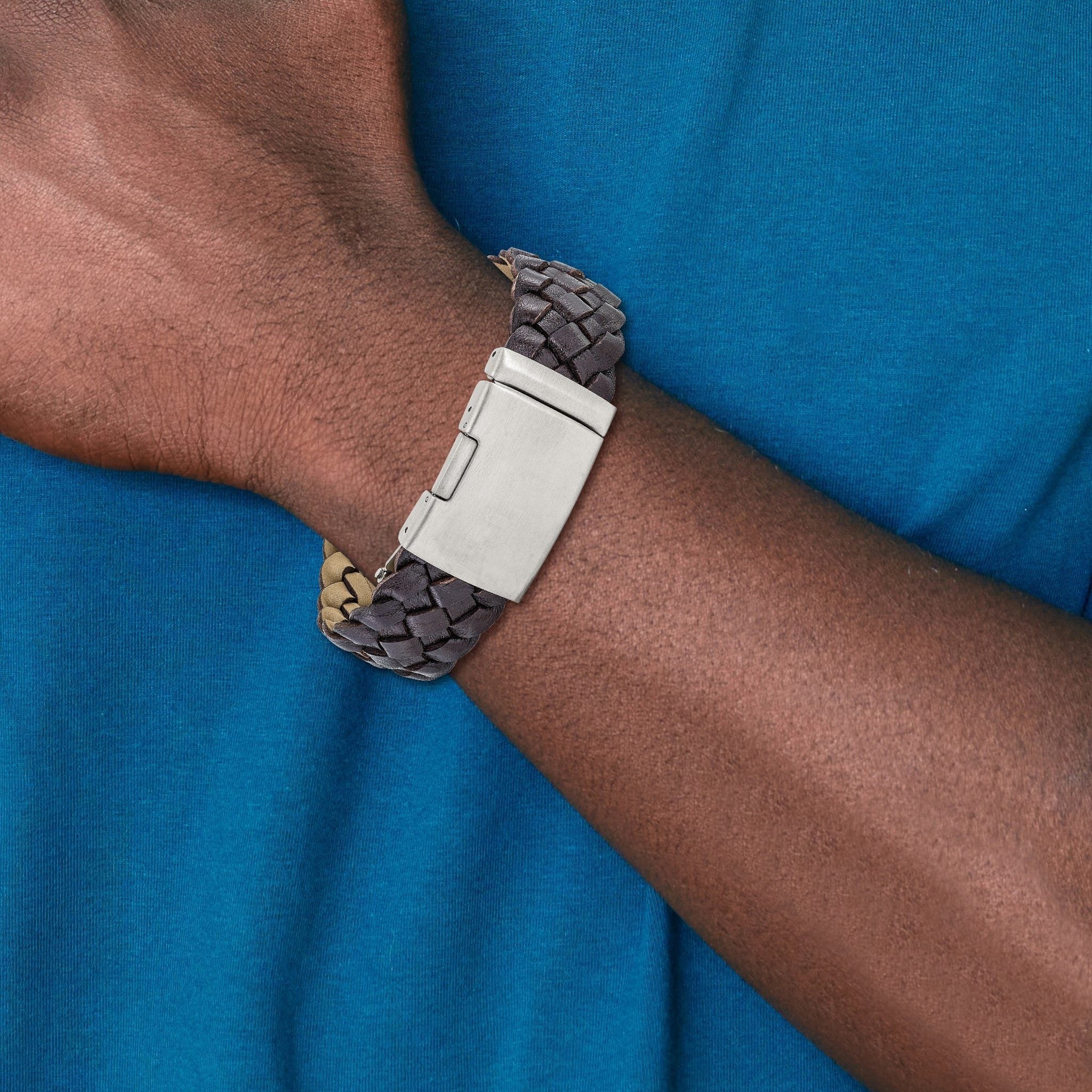 Stainless Steel Brushed Brown Leather ID Bracelet for Men