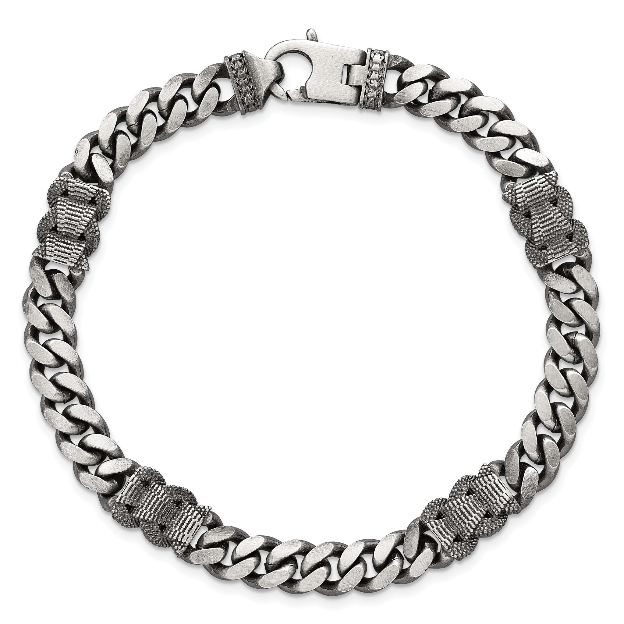 Sterling Silver Black Ruthenium-plated Brushed and Textured Fancy Flat Curb Chain Mens 8.5 inch Bracelet