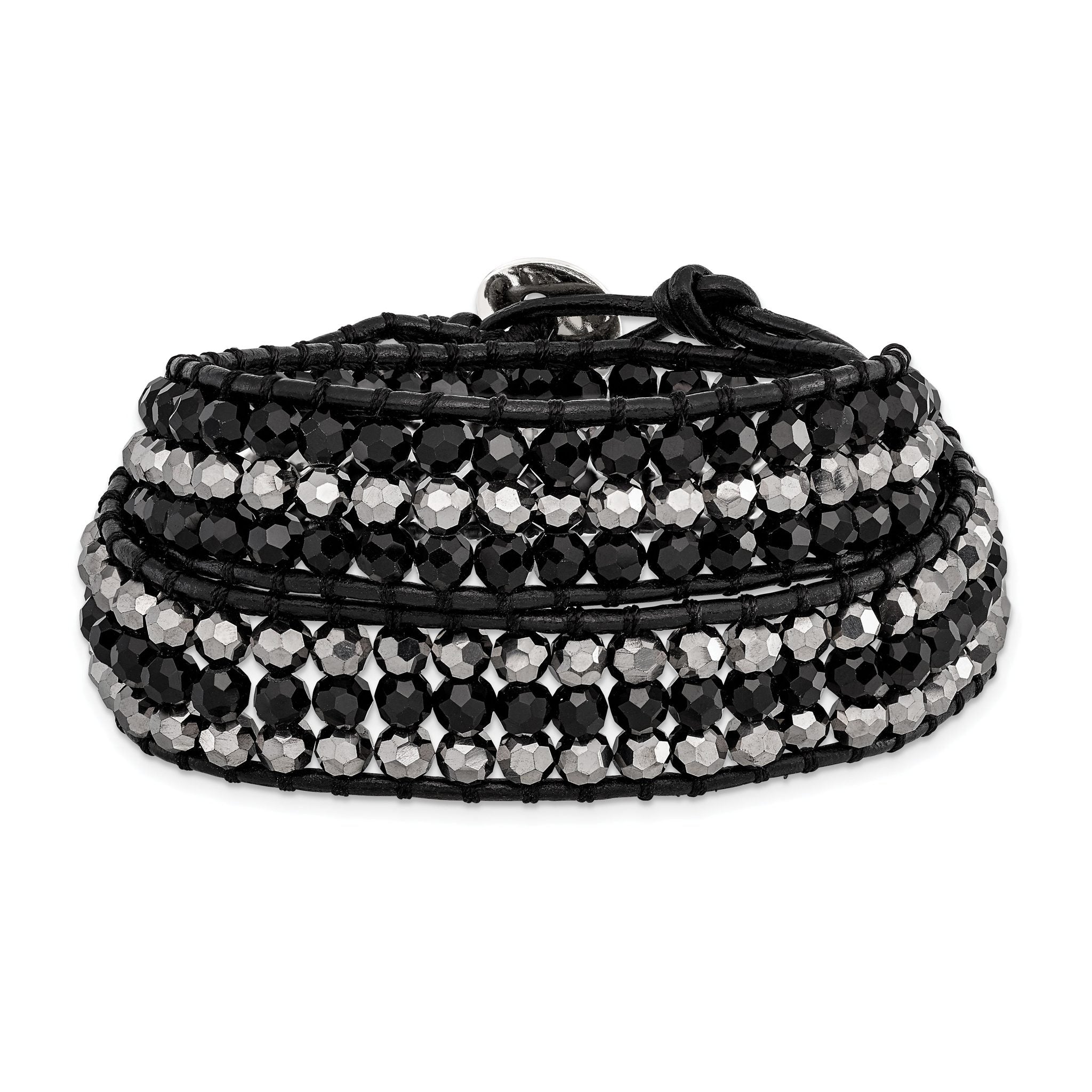 Black Aurora Borealis/Grey Crystal Bead/Leather Multi-wrap Bracelet Main image