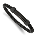 Stainless Steel Polished Black IP-plated Black Braided Leather Bracelet for Men