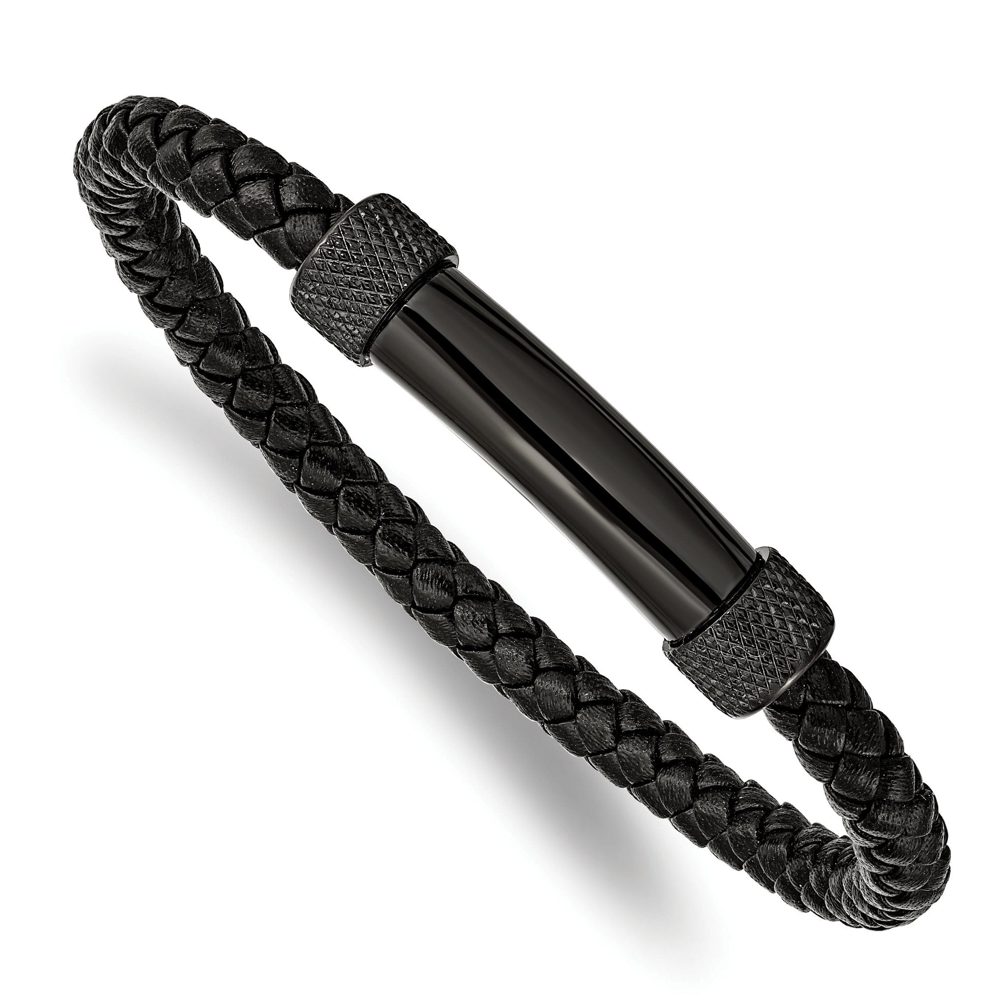Stainless Steel Polished Black IP-plated Black Braided Leather Bracelet for Men