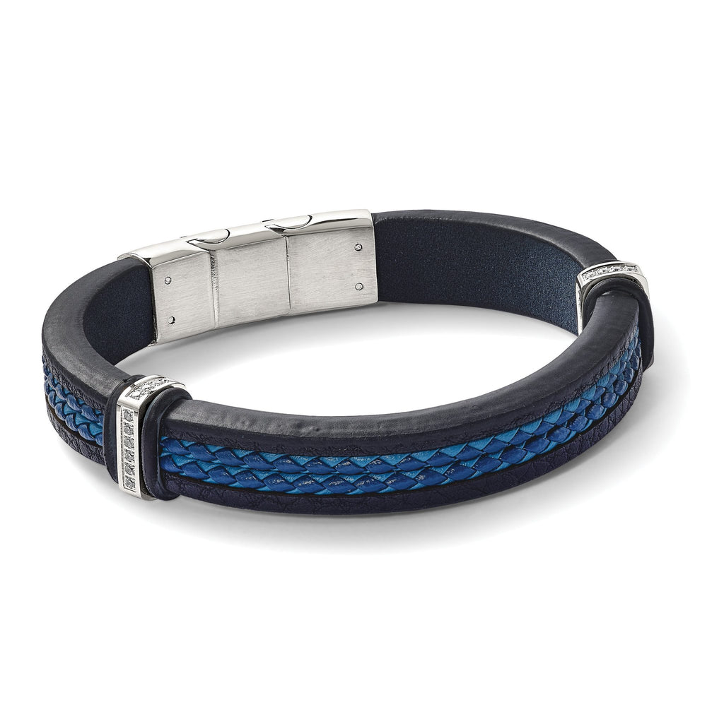 Stainless Steel Polished with Cubic Zirconia Black and Blue Braided Leather Bracelet with . Extension for Men