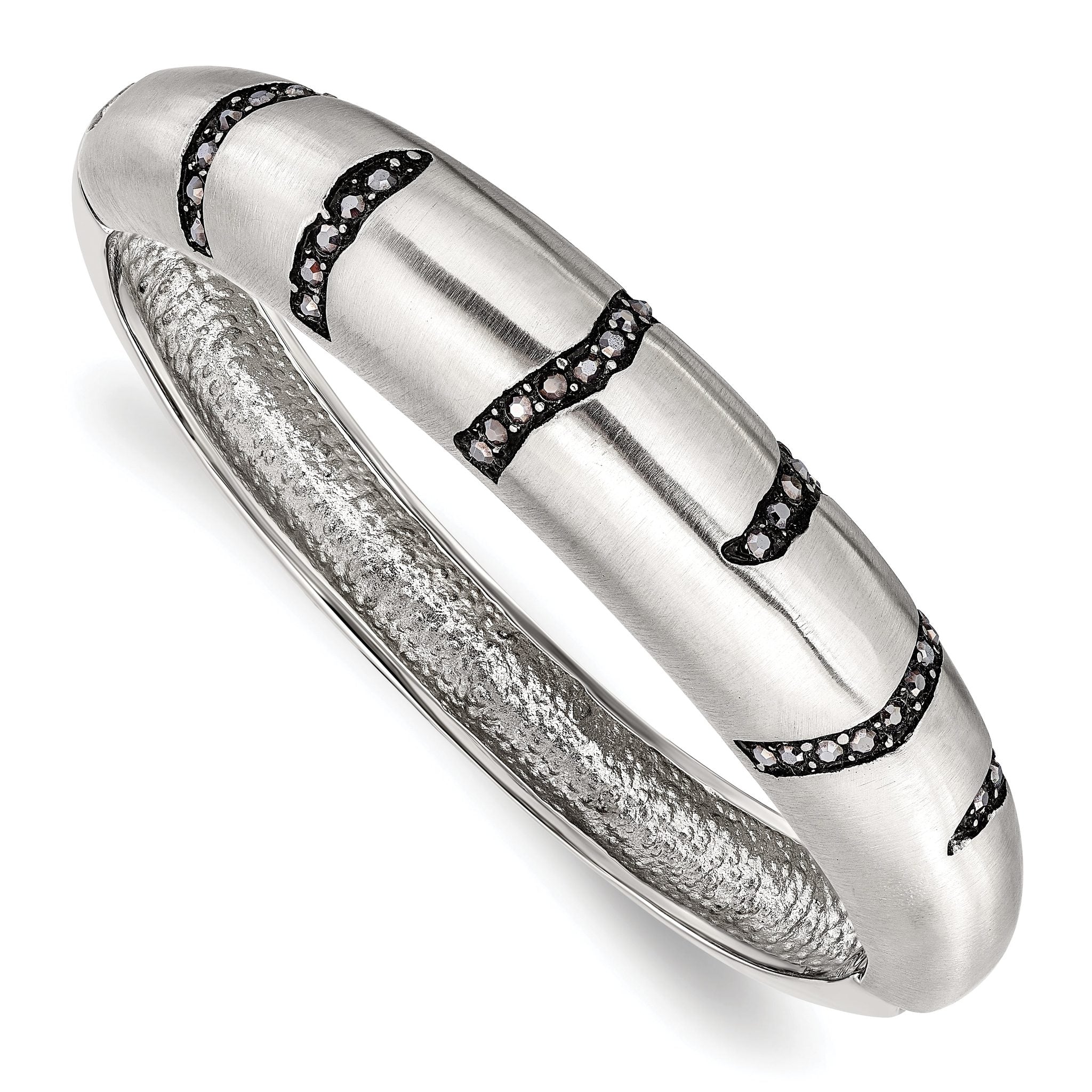 Stainless Steel Brushed Black Crystal Hinged Bangle Bracelet for Women