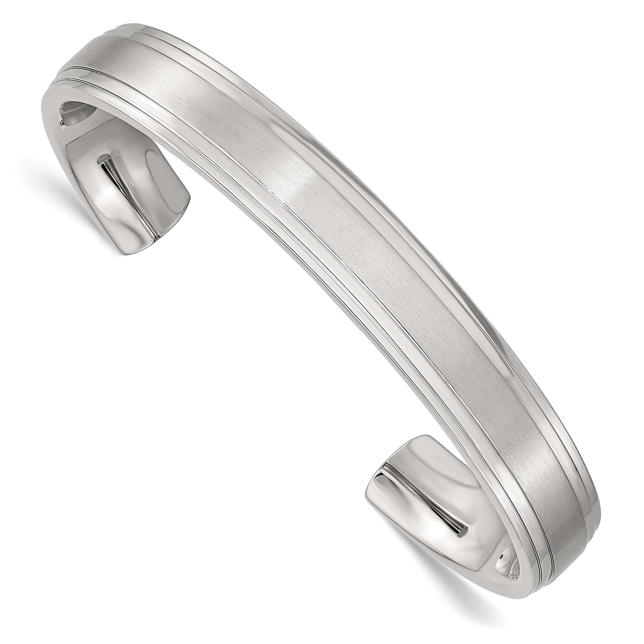 Stainless Steel Brushed and Polished Double Step Edge 11mm Cuff Bangle Bracelet