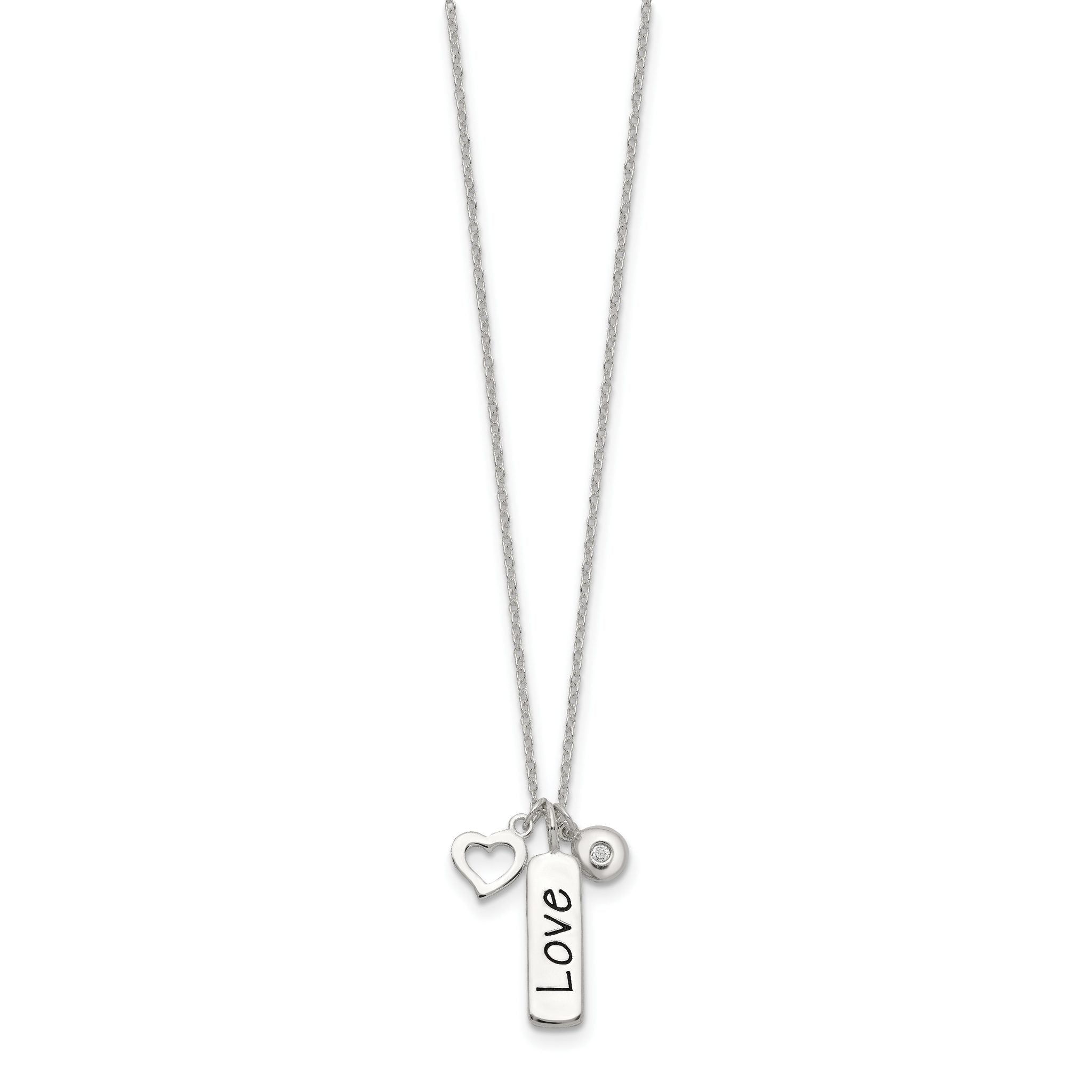 Sterling Silver Antiqued/Polished CZ LOVE Heart With 1in ext Necklace