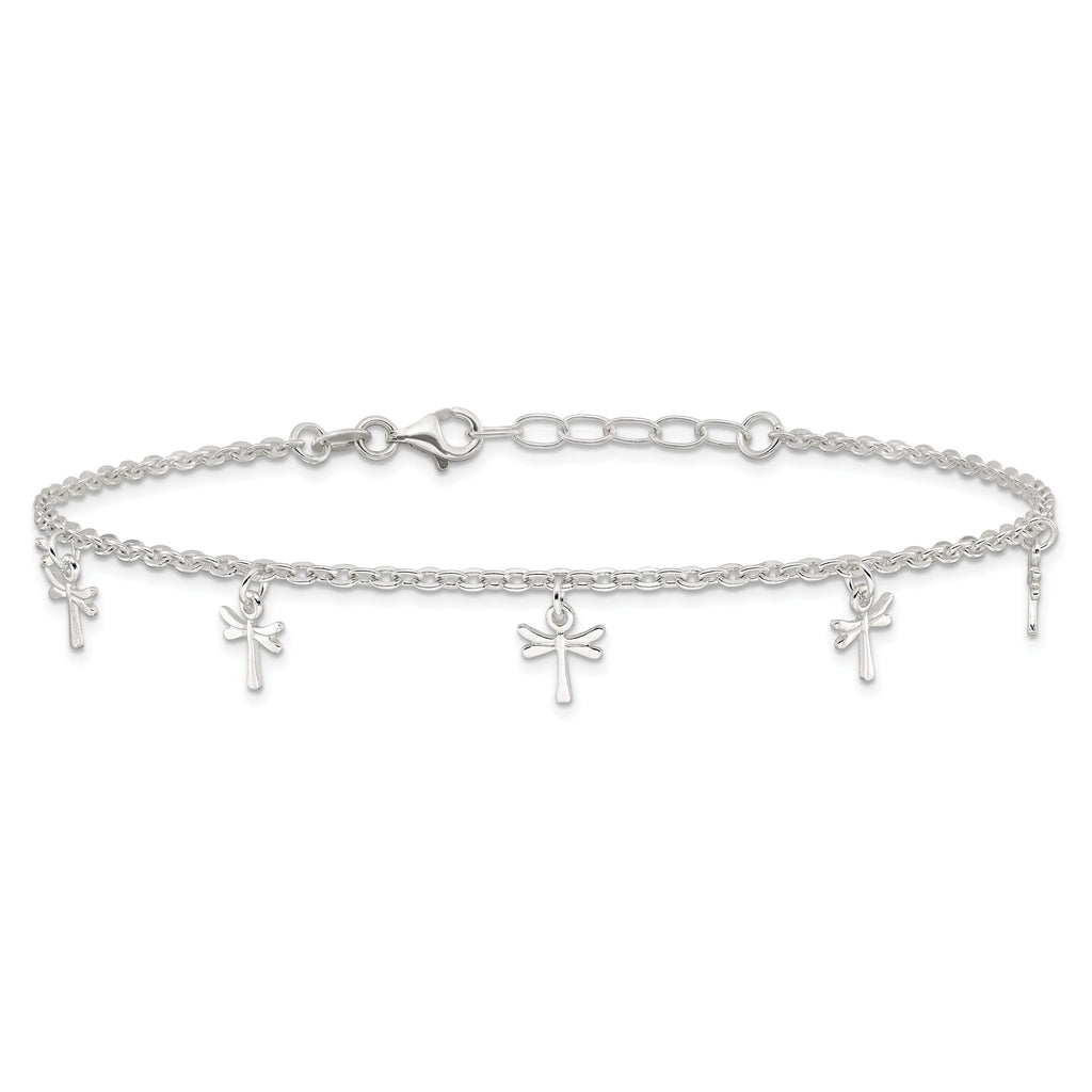 Sterling Silver Dragonfly Charms 9 inch Plus 1 inch Extender - Total 10 inch Anklet