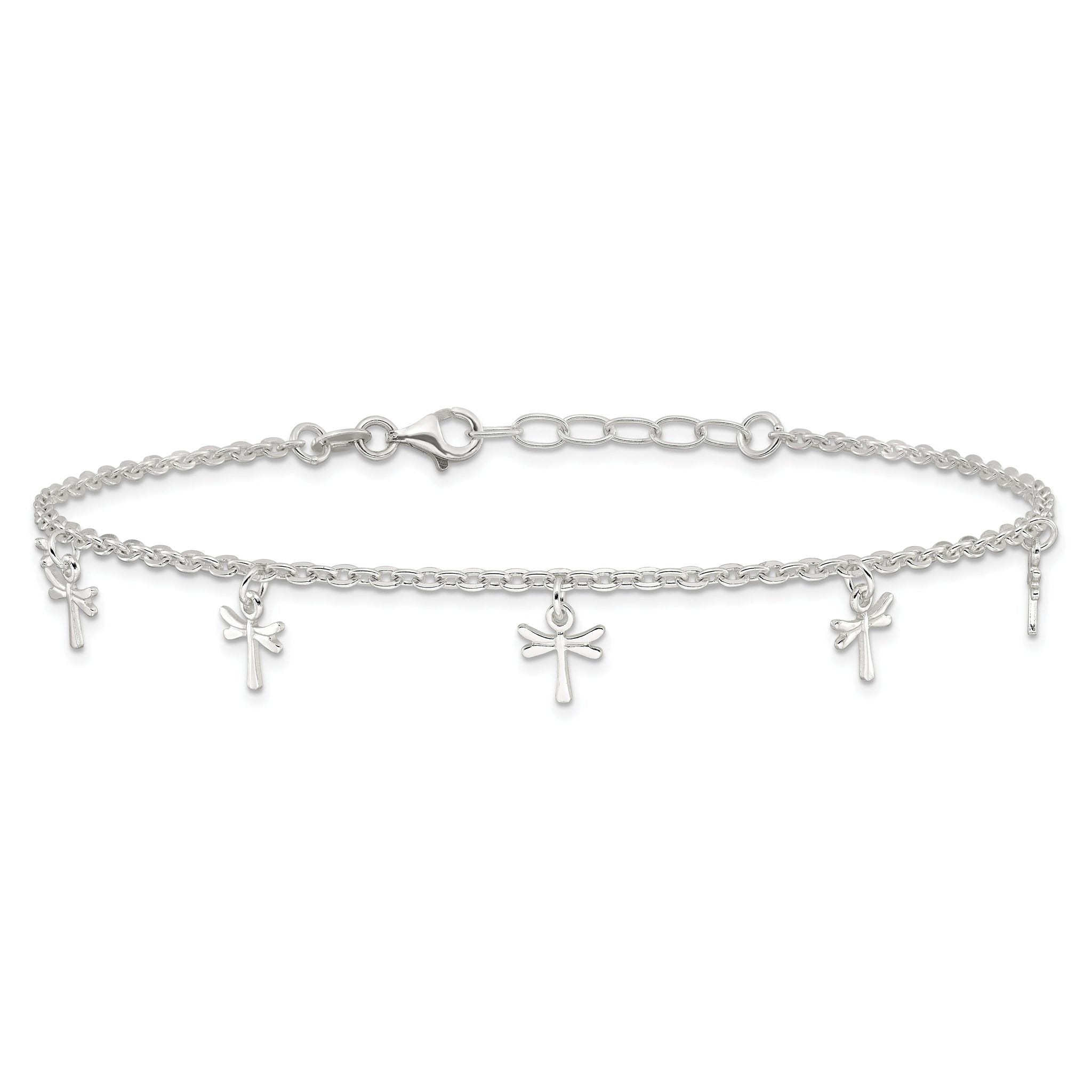 Sterling Silver Dragonfly Charms 9 inch Plus 1 inch Extender - Total 10 inch Anklet