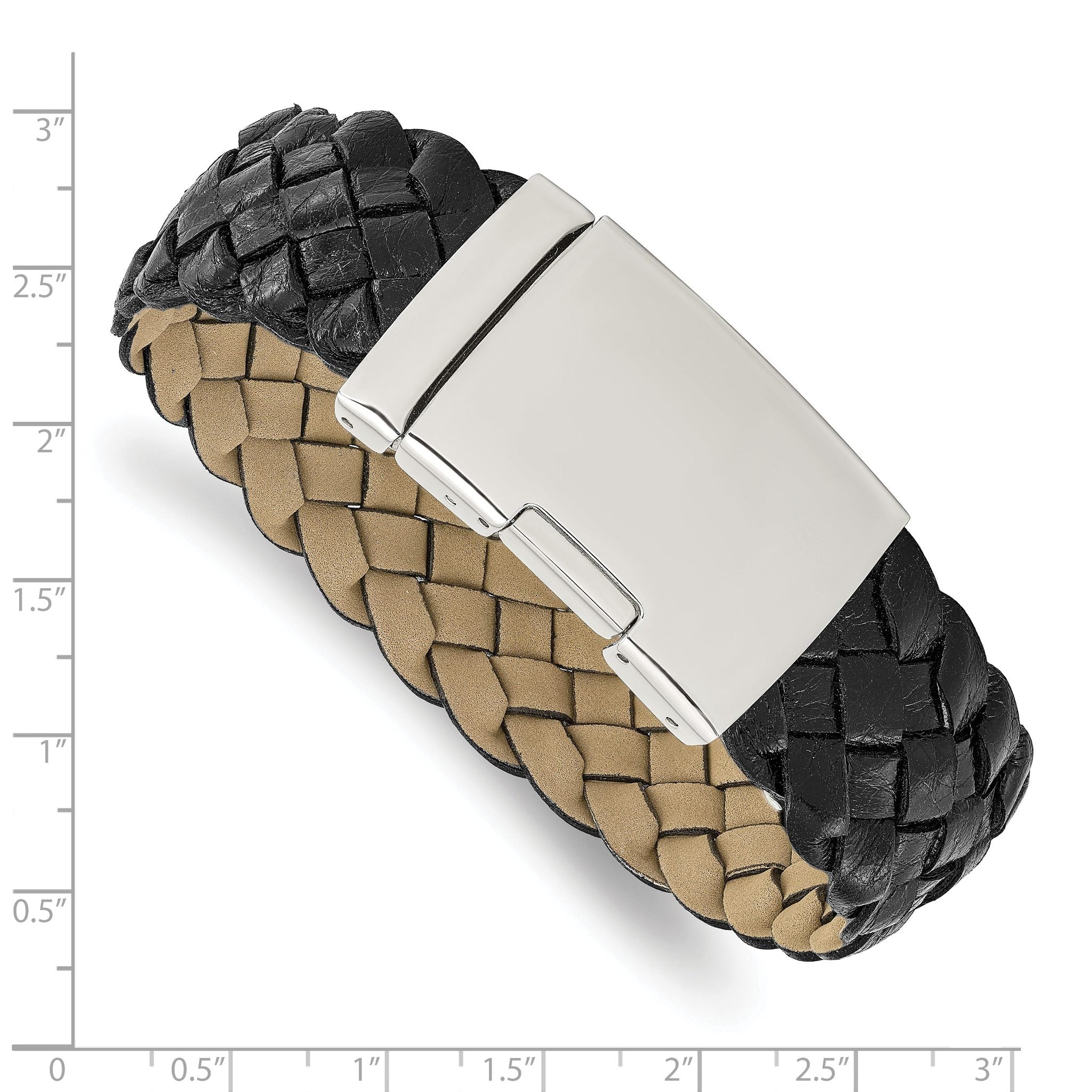 Stainless Steel Polished Black Leather Bracelet for Men