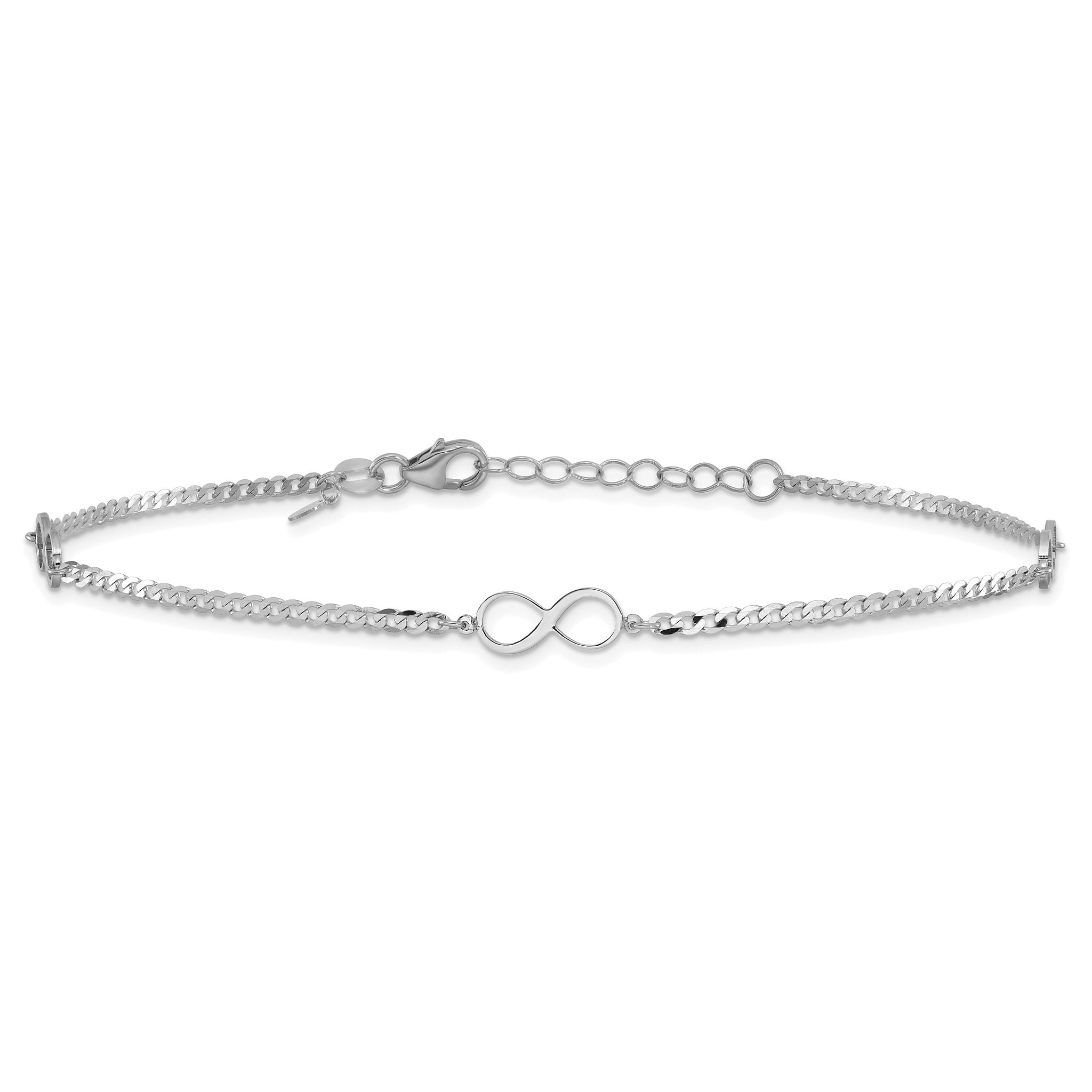 14k White Gold Polished Infinity 3-Station 9 inch Plus 1 inch Extender - Total 10 inch Anklet