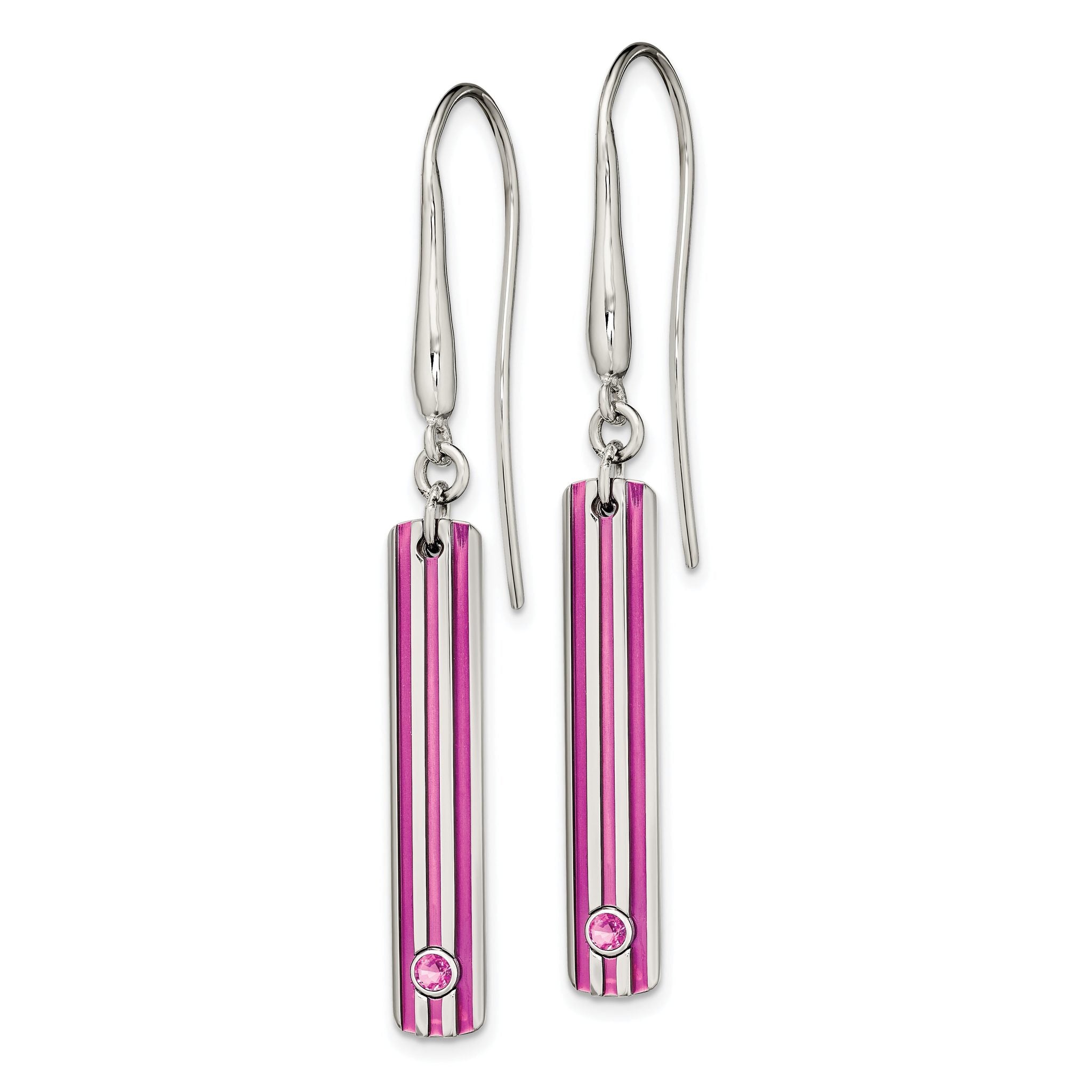 Titanium Drop Earrings with Pink Anodized Grooves and Sapphire Gemstone Secondary image