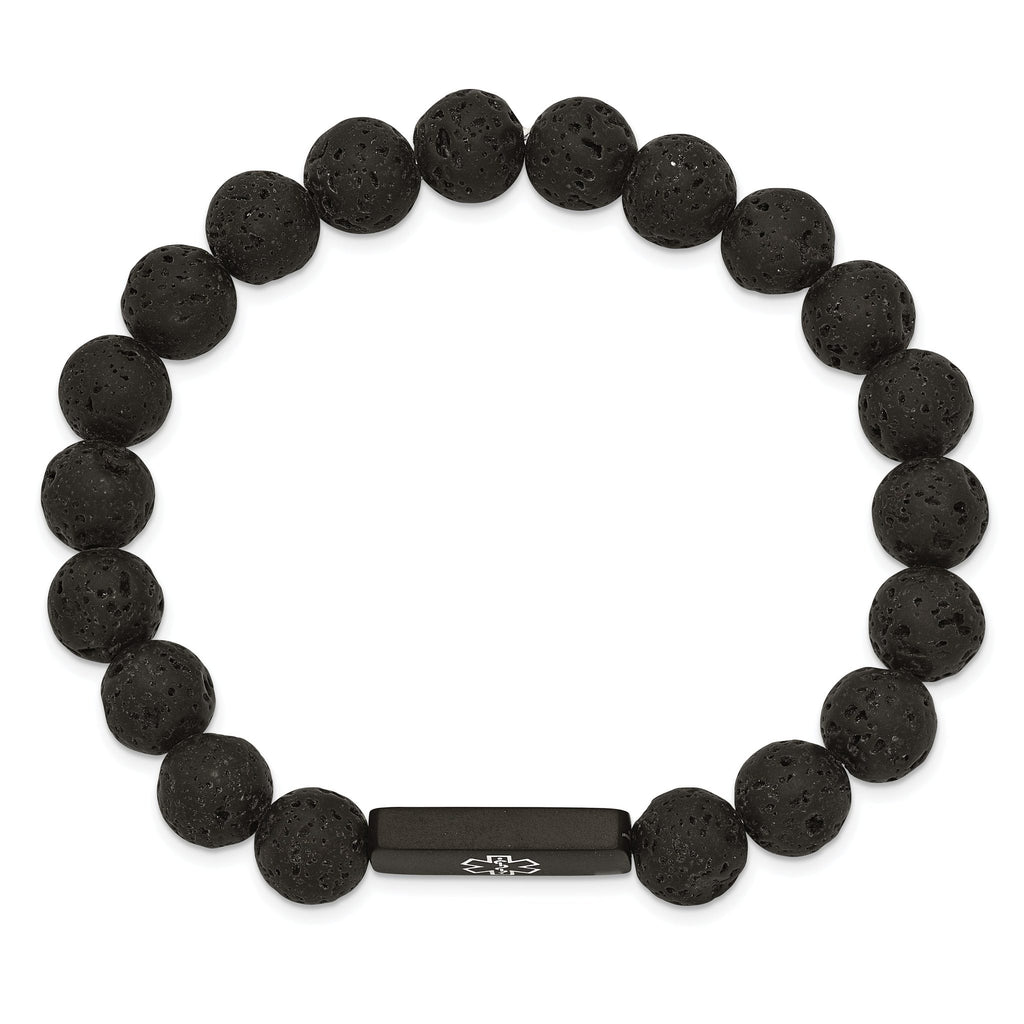 Stainless Steel Brushed Black IP-plated with White Enamel Medical ID 8.5mm Lava Stone Beaded Stretch Bracelet