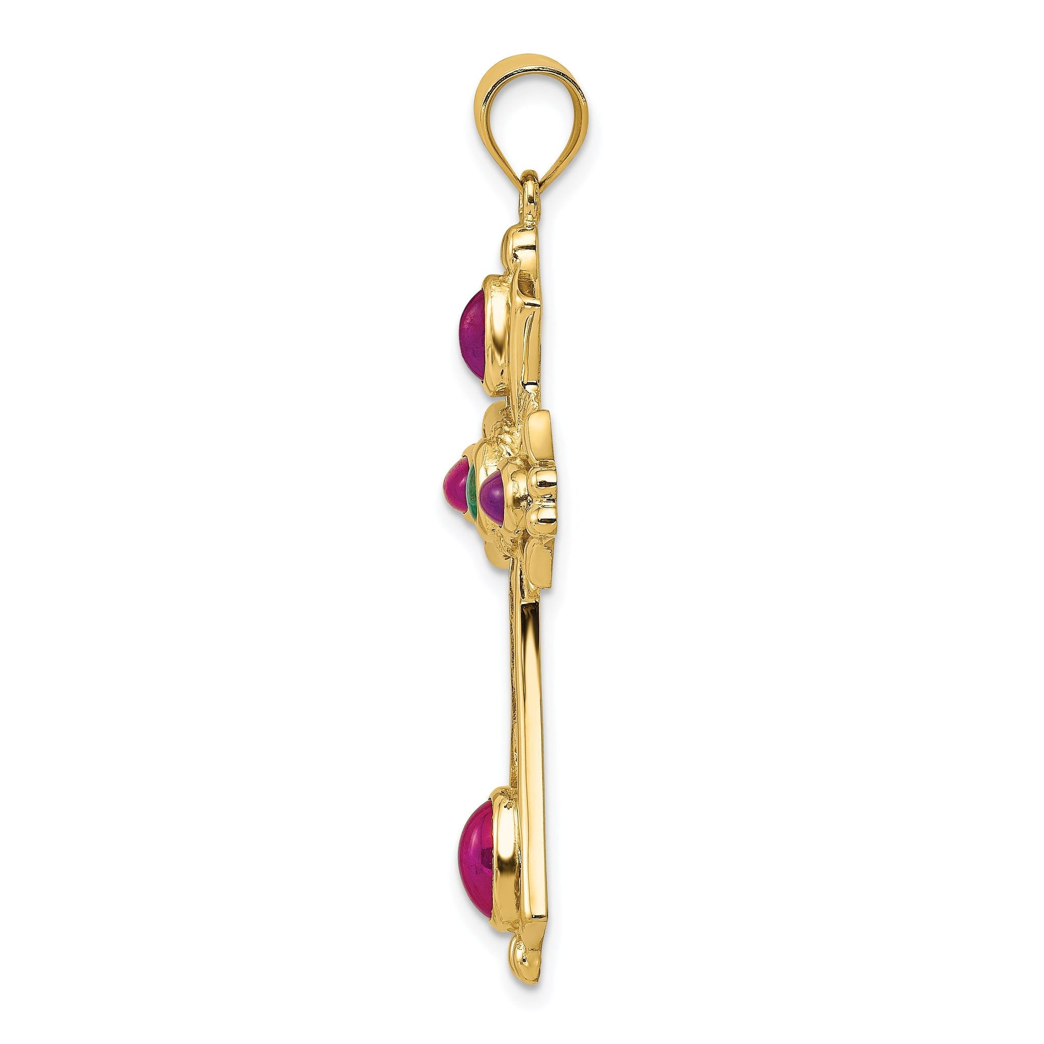14K Gold Ruby and Emerald Cabochon Cross Pendant Elegant, Natural Gemstones Secondary image