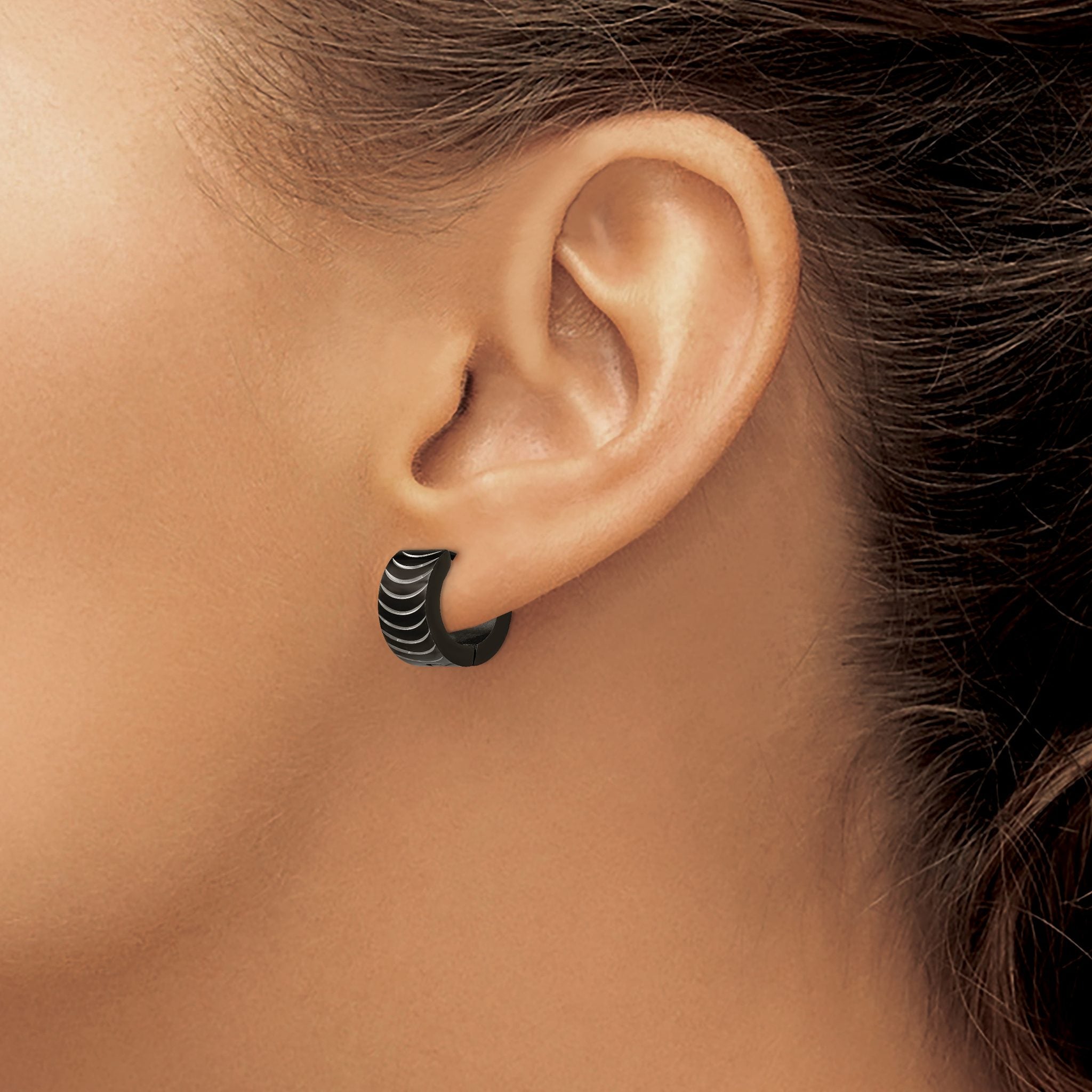 Stainless Steel Black Polished Hinged Huggie Hoop Earrings
