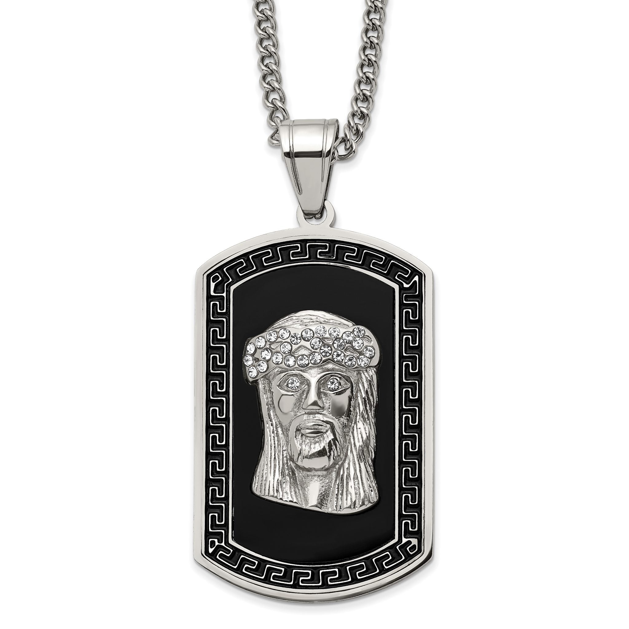Chisel Stainless Steel Polished Enameled with Crystal Jesus Dog Tag on a 24 inch Curb Chain Necklace Main image