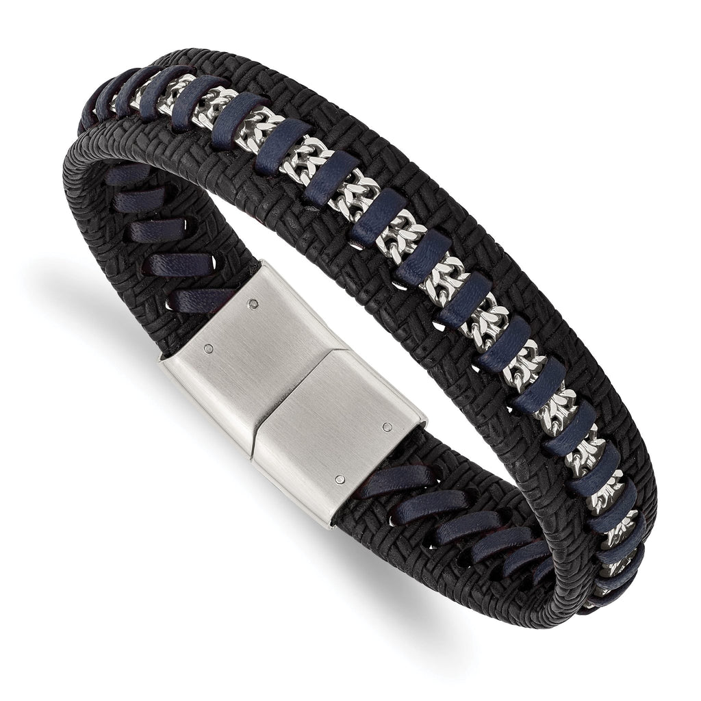 Stainless Steel Polished Black and Blue Leather Bracelet for Men
