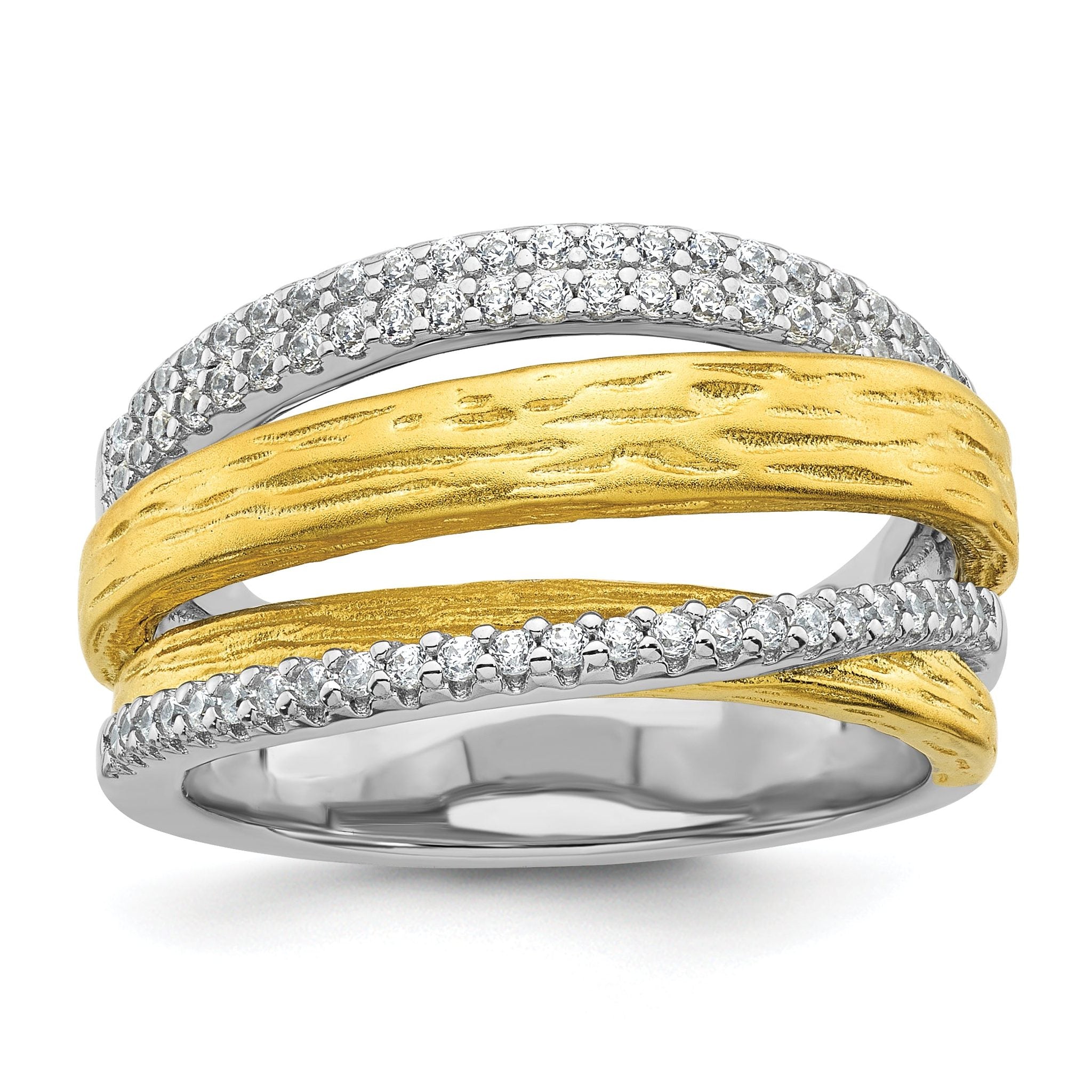 Sterling Silver Rhodium-plated and Gold-tone CZ Textured Brushed 4-Row Size 6 Ring Main image