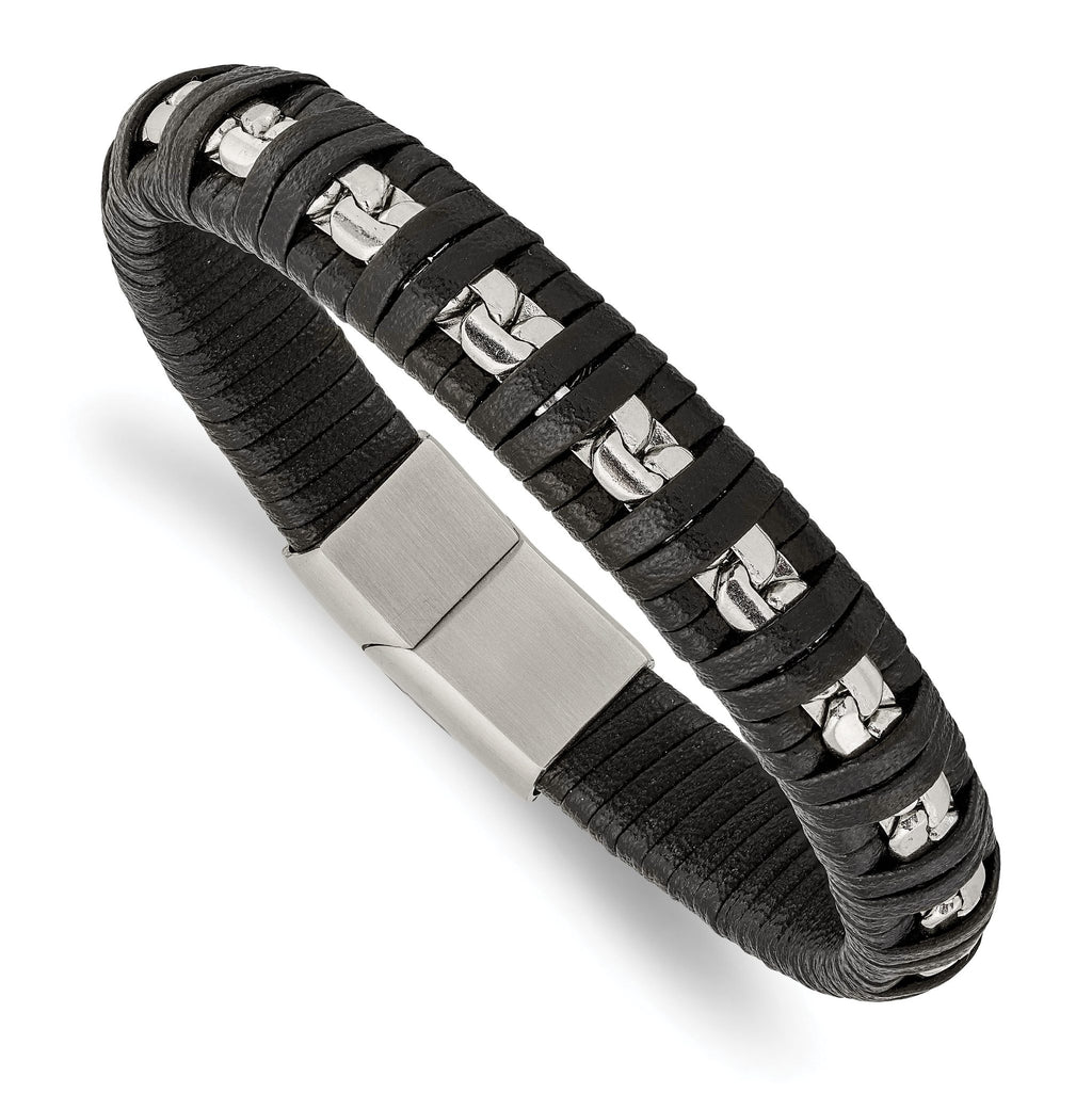 Stainless Steel Polished Chain and Black Leather Bracelet for Men