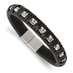 Stainless Steel Polished Chain and Black Leather Bracelet for Men