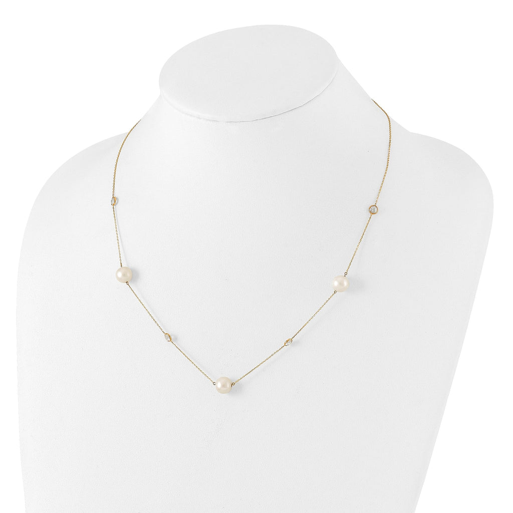 10K Polished CZ and 7-8mm FWC Pearl 7 Station Necklace