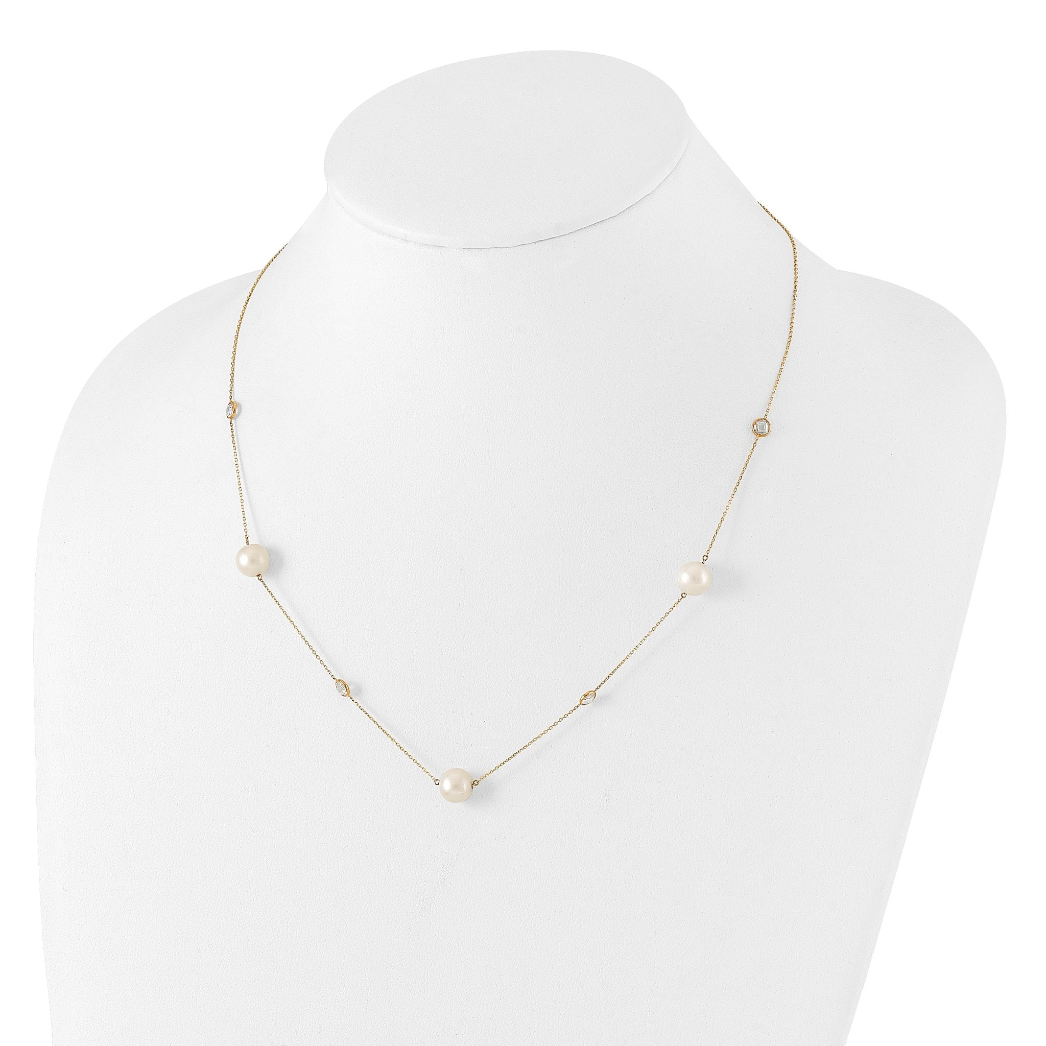 10K Polished CZ and 7-8mm FWC Pearl 7 Station Necklace