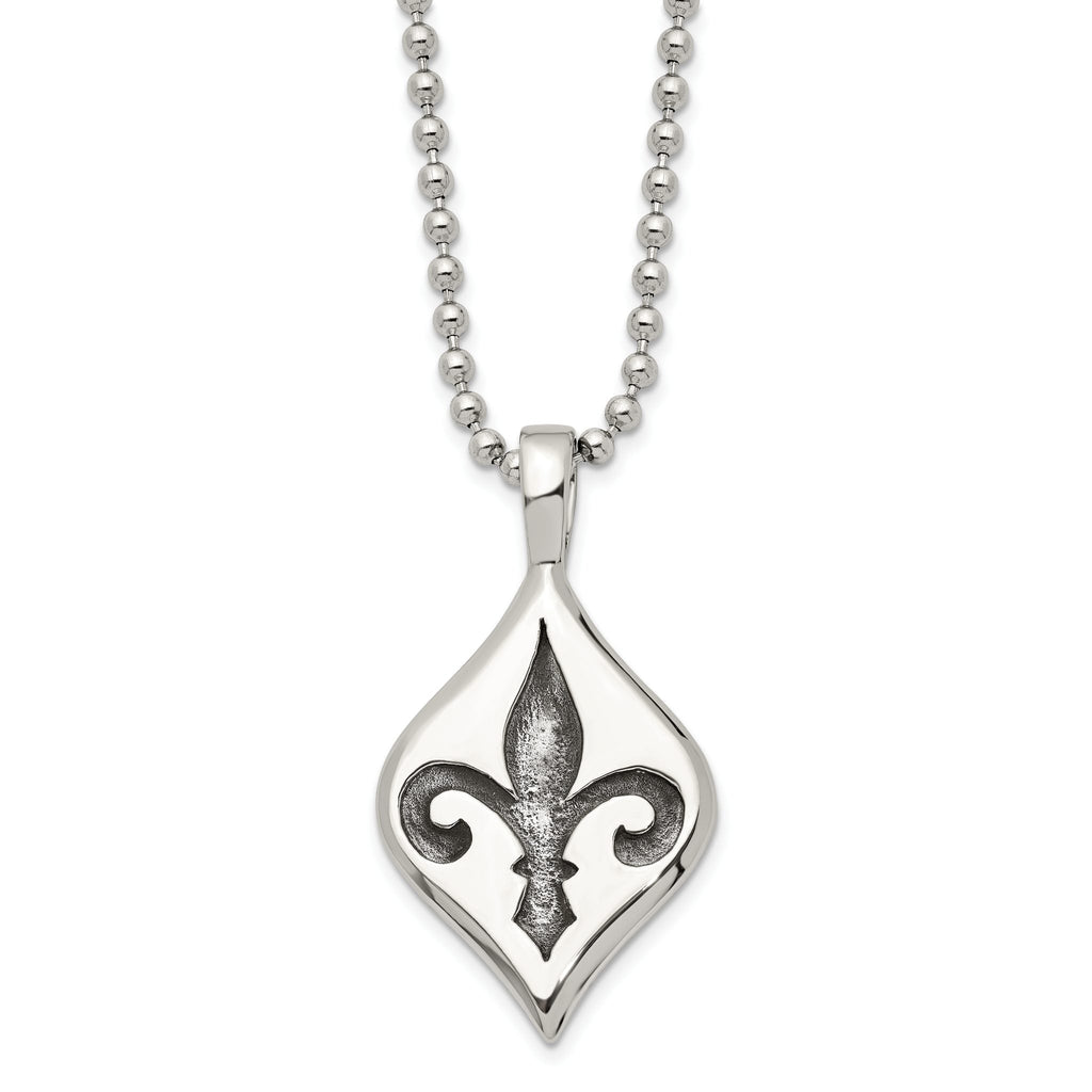 Men's Stainless Steel Fleur-de-lis Necklace with Polished Antiqued Finish