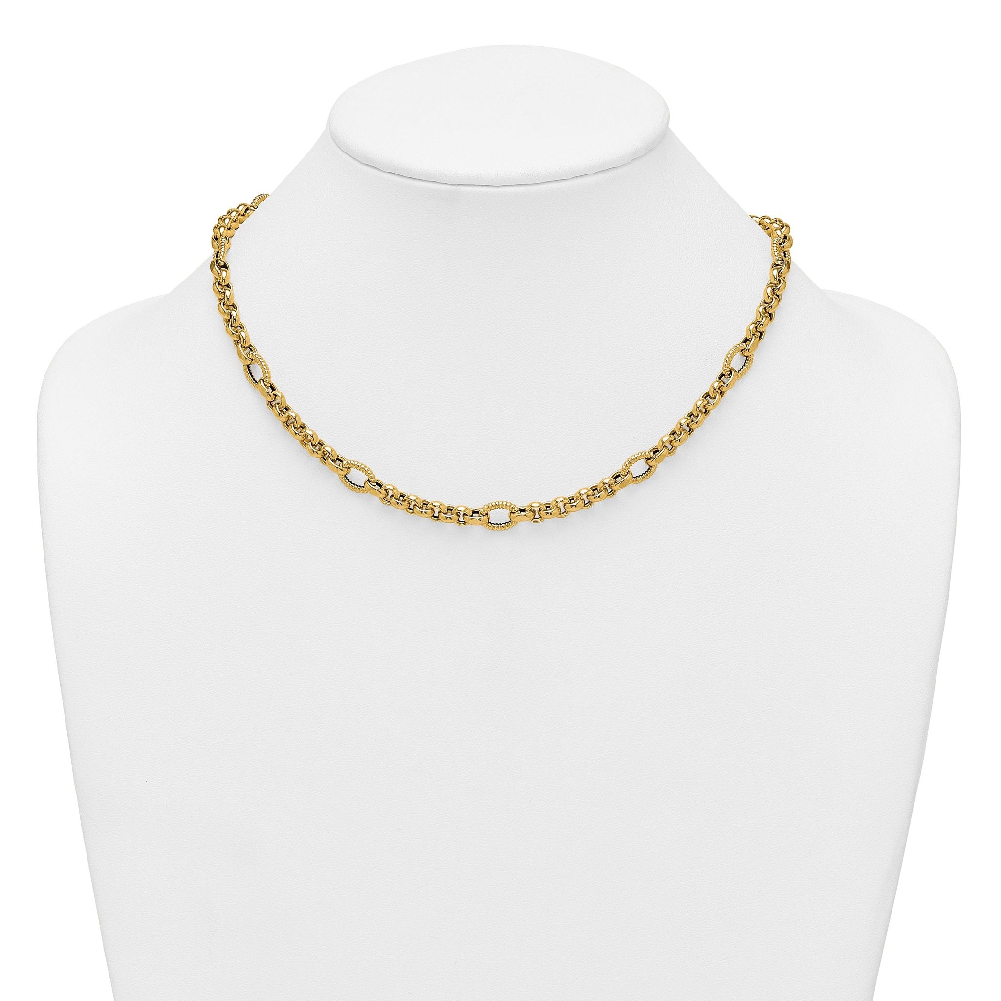14k Polished and Textured Rolo and Oval Fancy Chain 18 inch Necklace