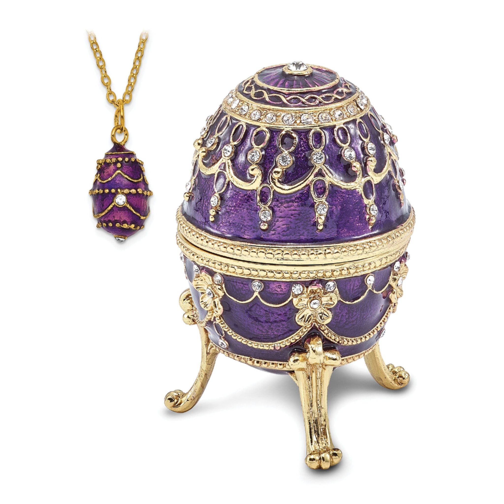 Luxury Giftware by Jere Pewter Bejeweled Crystals Gold-tone Enameled IMPERIAL PURPLE (Plays Unchained Melody) Musical Egg with Matching 18 Inch Necklace