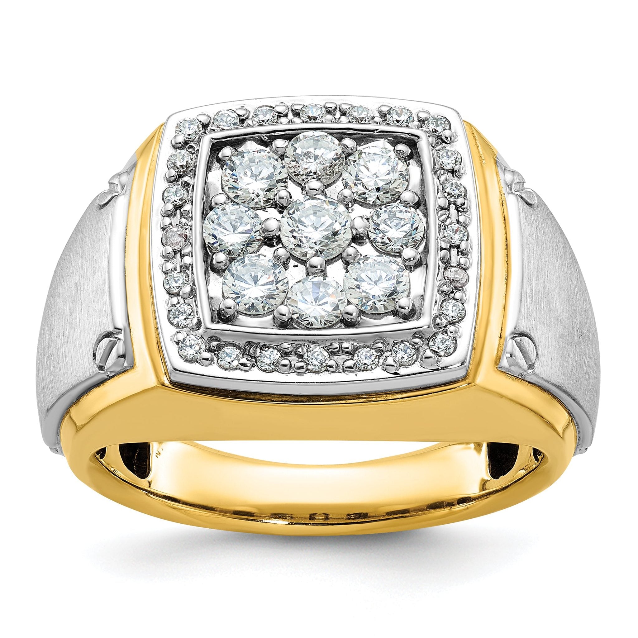 14k Two-tone Mens Polished and Satin Square Cluster Halo Ring Mounting, Mounting Only