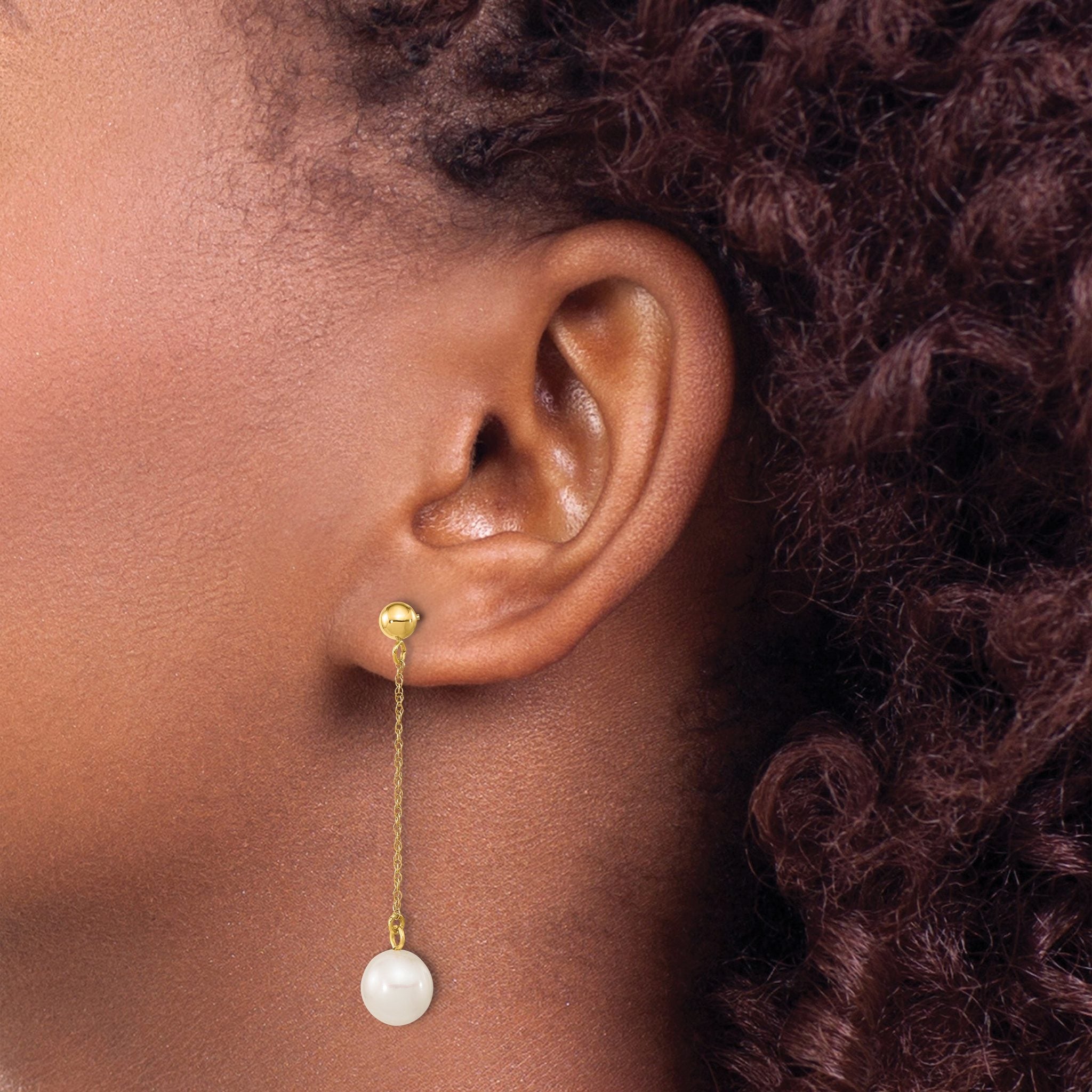 10k 7-8mm White Round Freshwater Cultured Pearl Dangle Post Earrings
