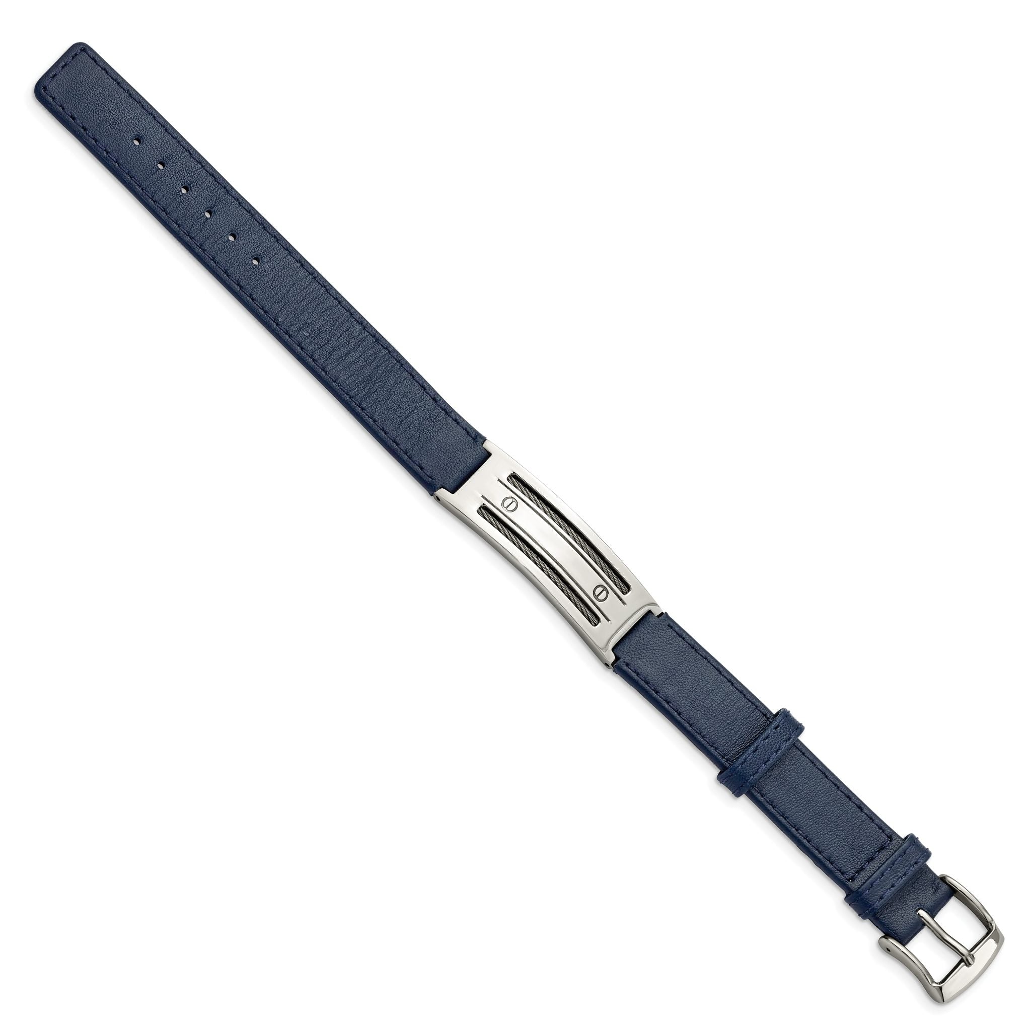 Stainless Steel Polished Blue Leather with Wire Adjustable Buckle Bracelet for Men Secondary image