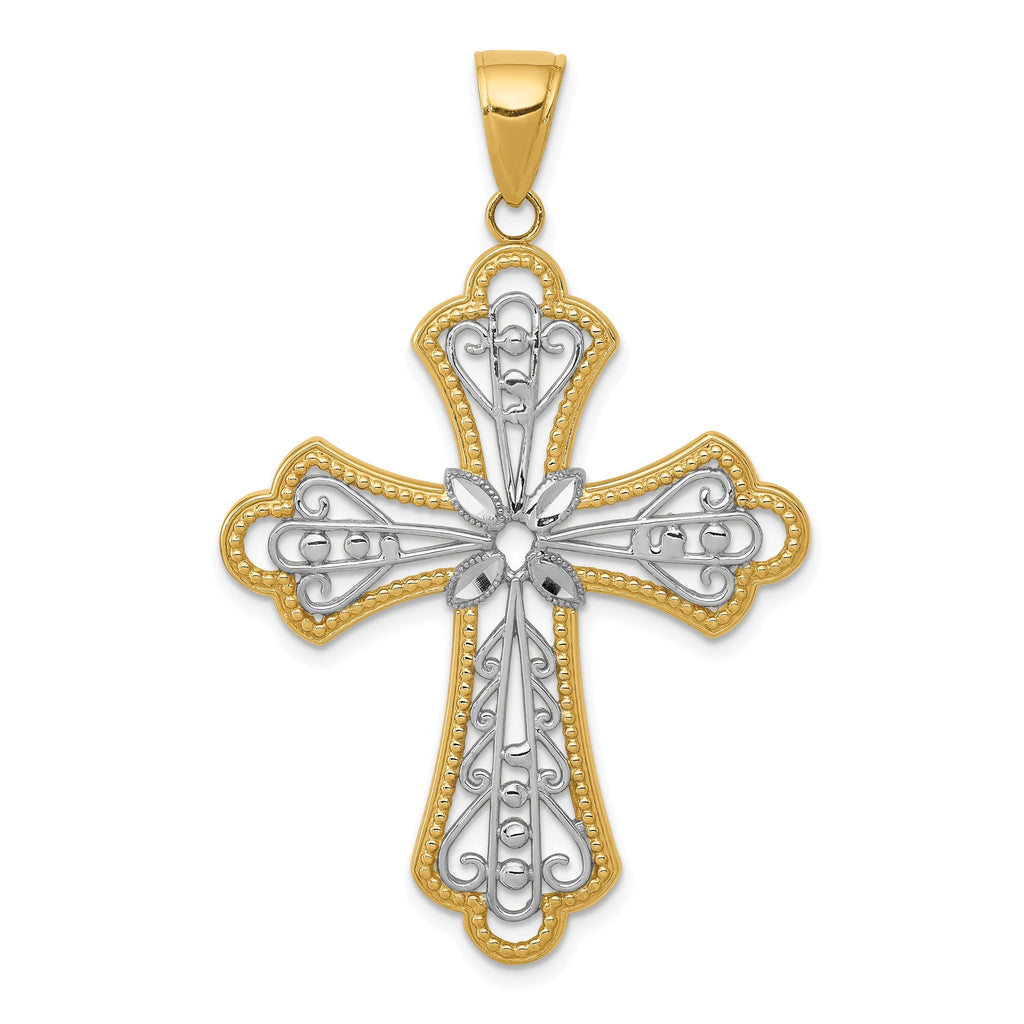 14K Gold with Rhodium Filigree Cross Pendant, Diamond-Cut, Elegant Design