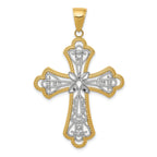14K Gold with Rhodium Filigree Cross Pendant, Diamond-Cut, Elegant Design
