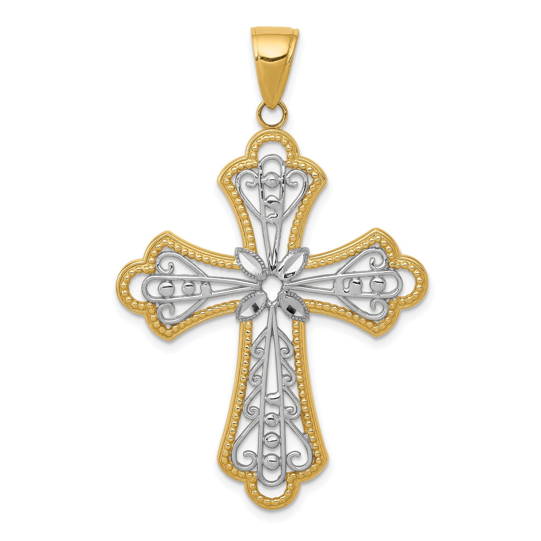 14K Gold with Rhodium Filigree Cross Pendant, Diamond-Cut, Elegant Design