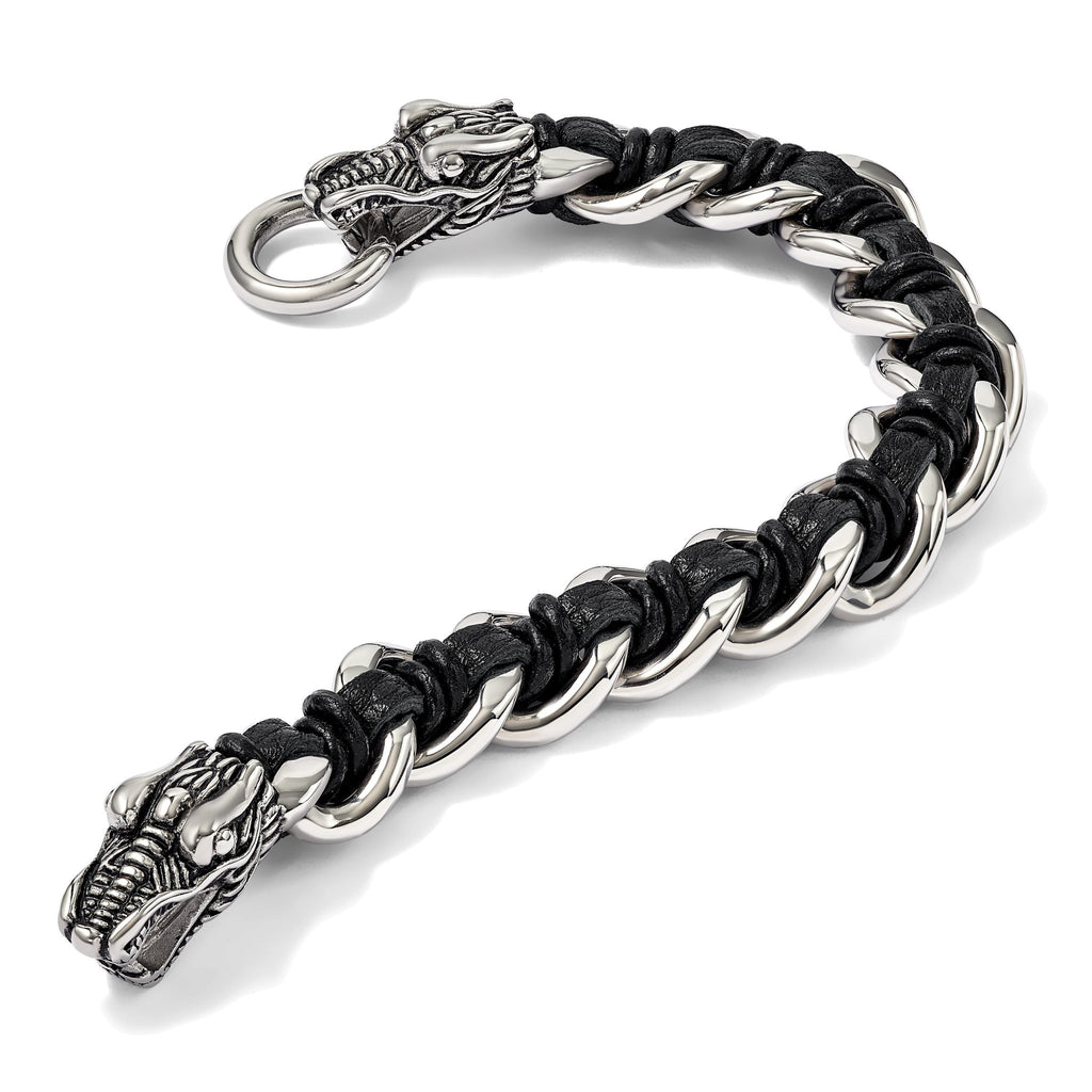 Stainless Steel Antiqued and Polished Dragon Head Curb Chain with Black Leather Bracelet for Men