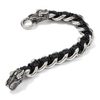 Stainless Steel Antiqued and Polished Dragon Head Curb Chain with Black Leather Bracelet for Men