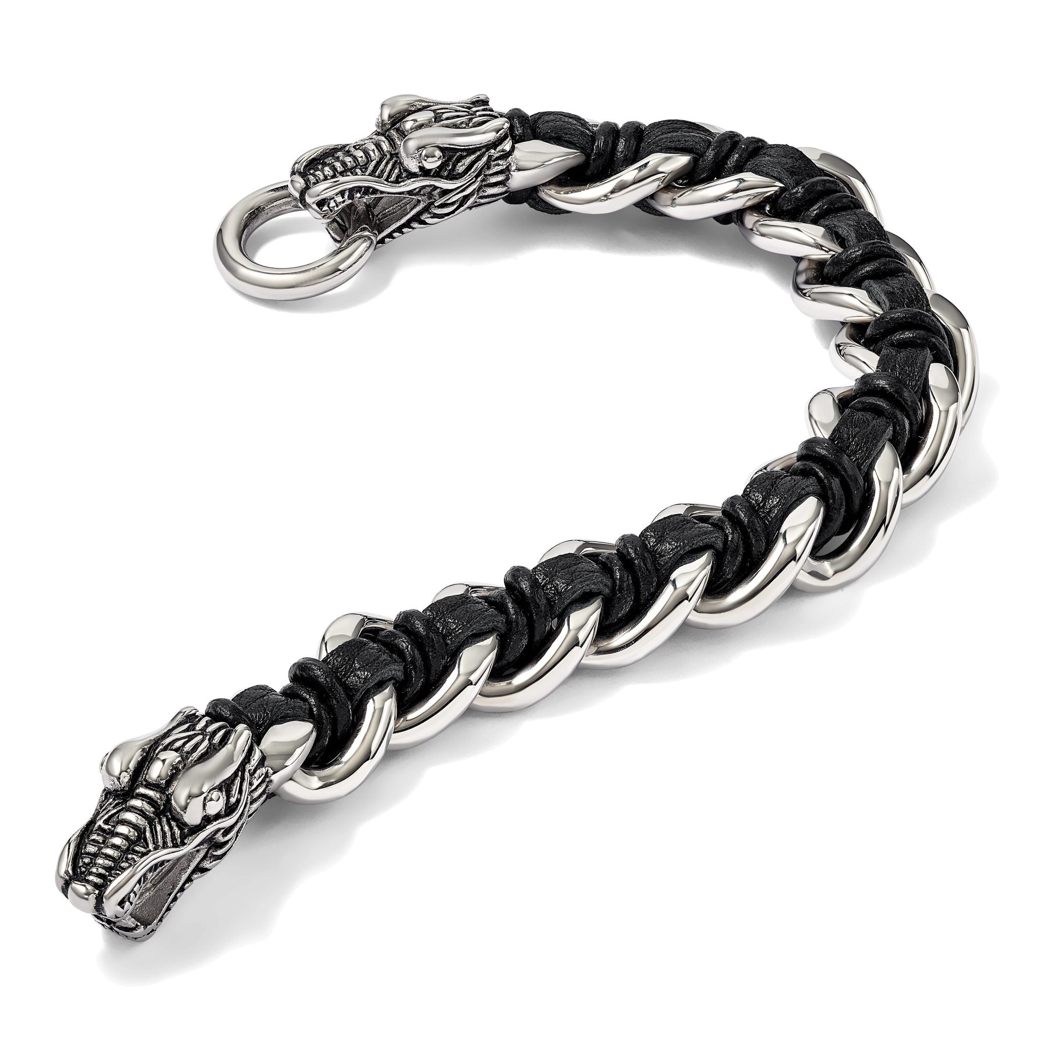 Stainless Steel Antiqued and Polished Dragon Head Curb Chain with Black Leather Bracelet for Men