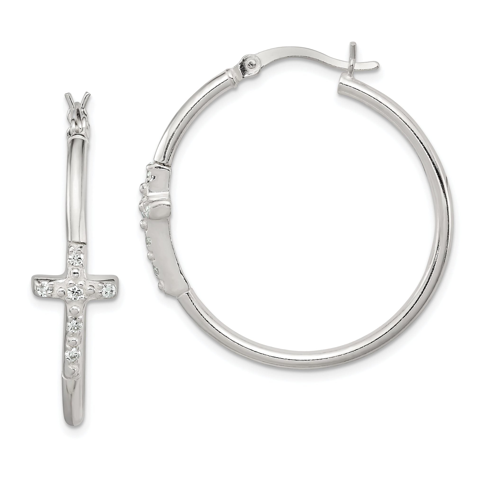 Sterling Silver CZ Cross Hoop Earrings with Polished Anti-Tarnish Finish Main image