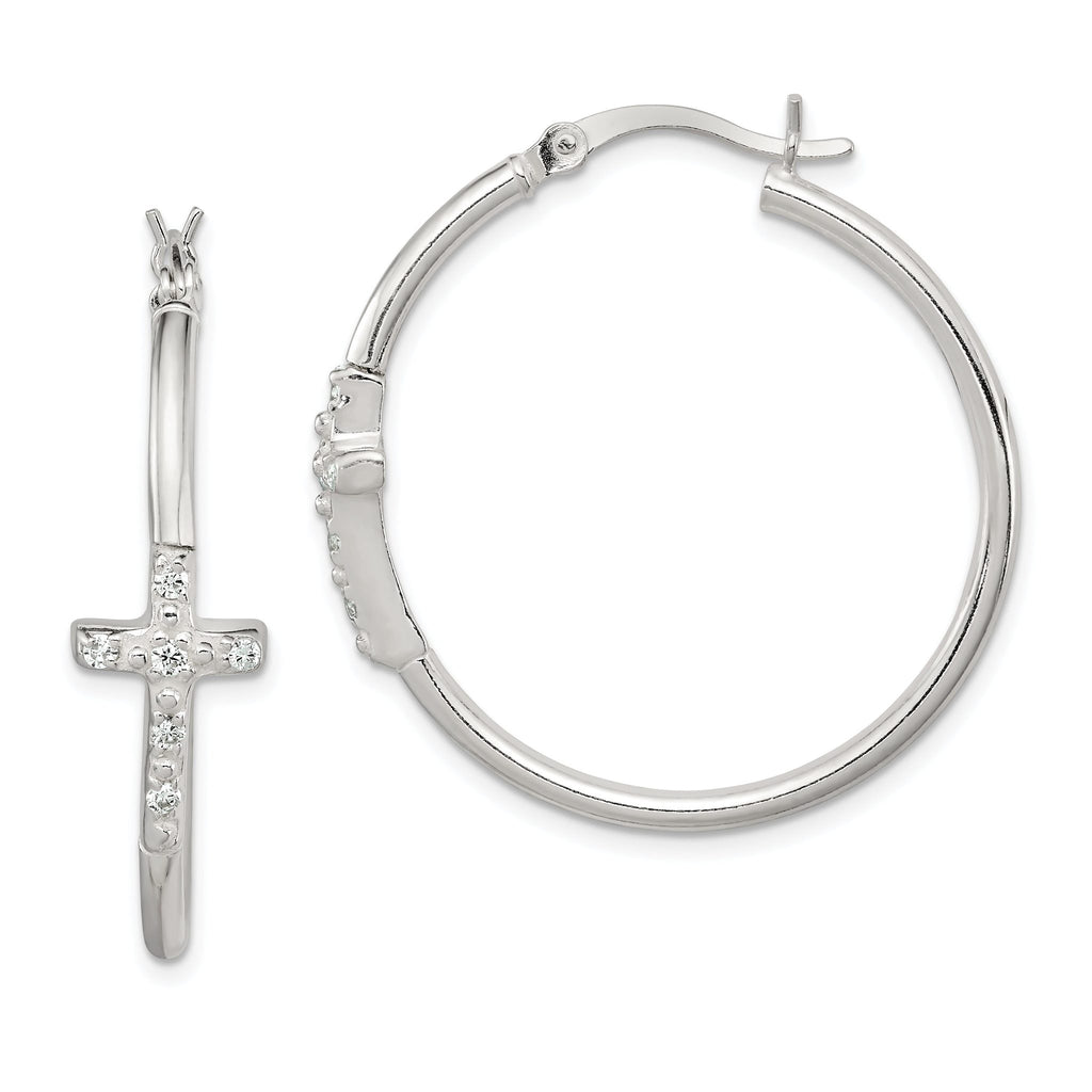Sterling Silver CZ Cross Hoop Earrings with Polished Anti-Tarnish Finish