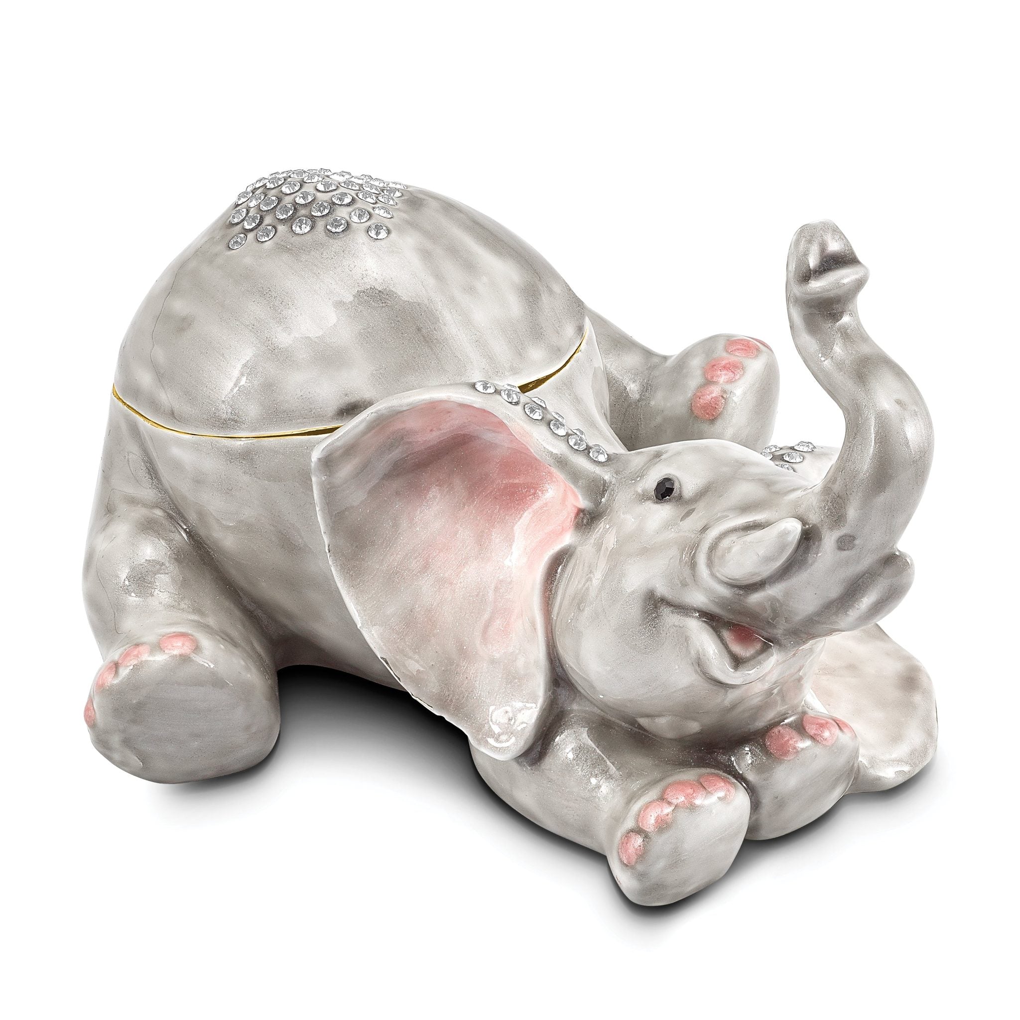 Luxury Giftware by Jere Pewter Bejeweled Crystals Gold-tone Enameled ELLERY Falling Baby Elephant Trinket Box with Matching 18 Inch Necklace Main image