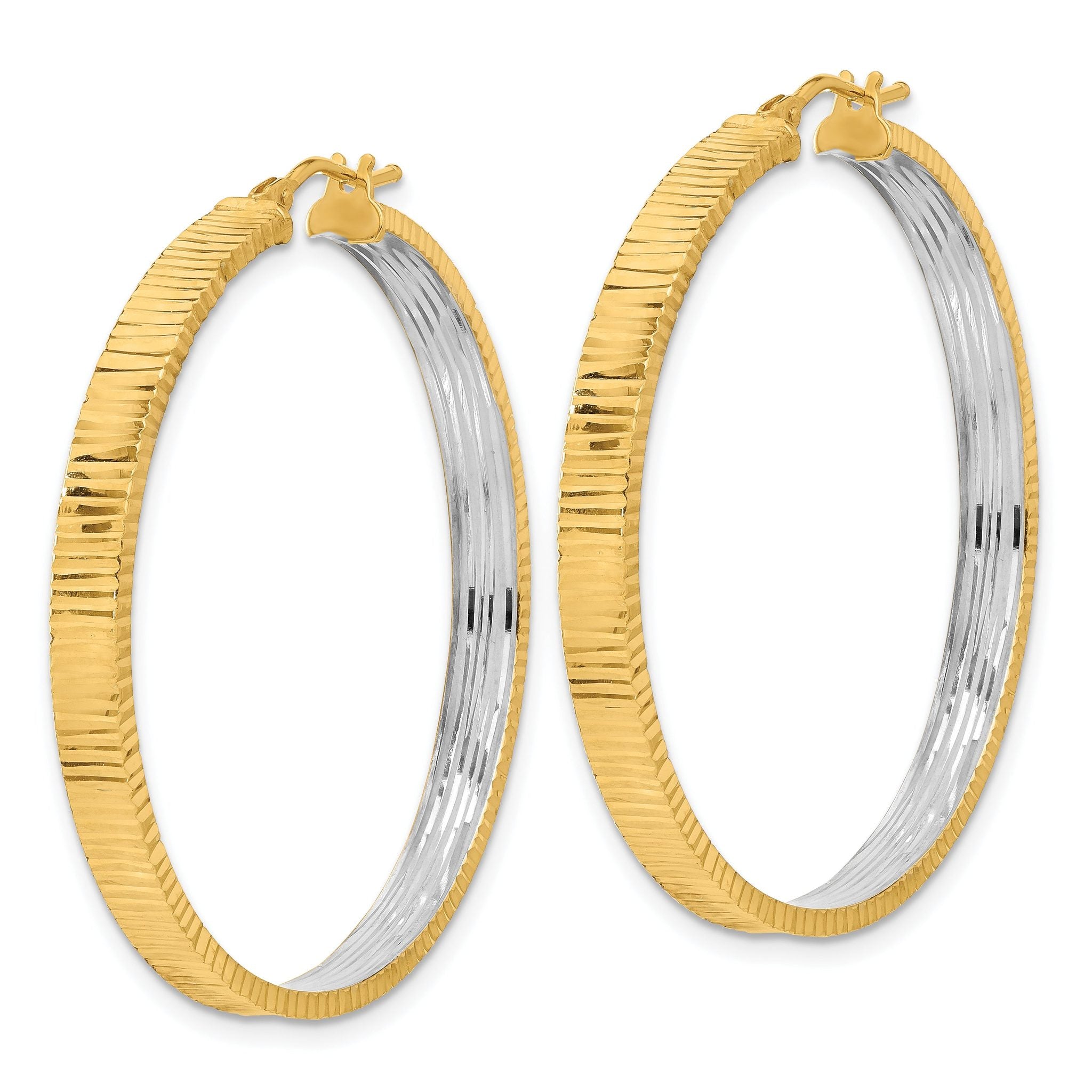 14K Polished and Rhodium Diamond-cut Circle Hoop Earrings Secondary image