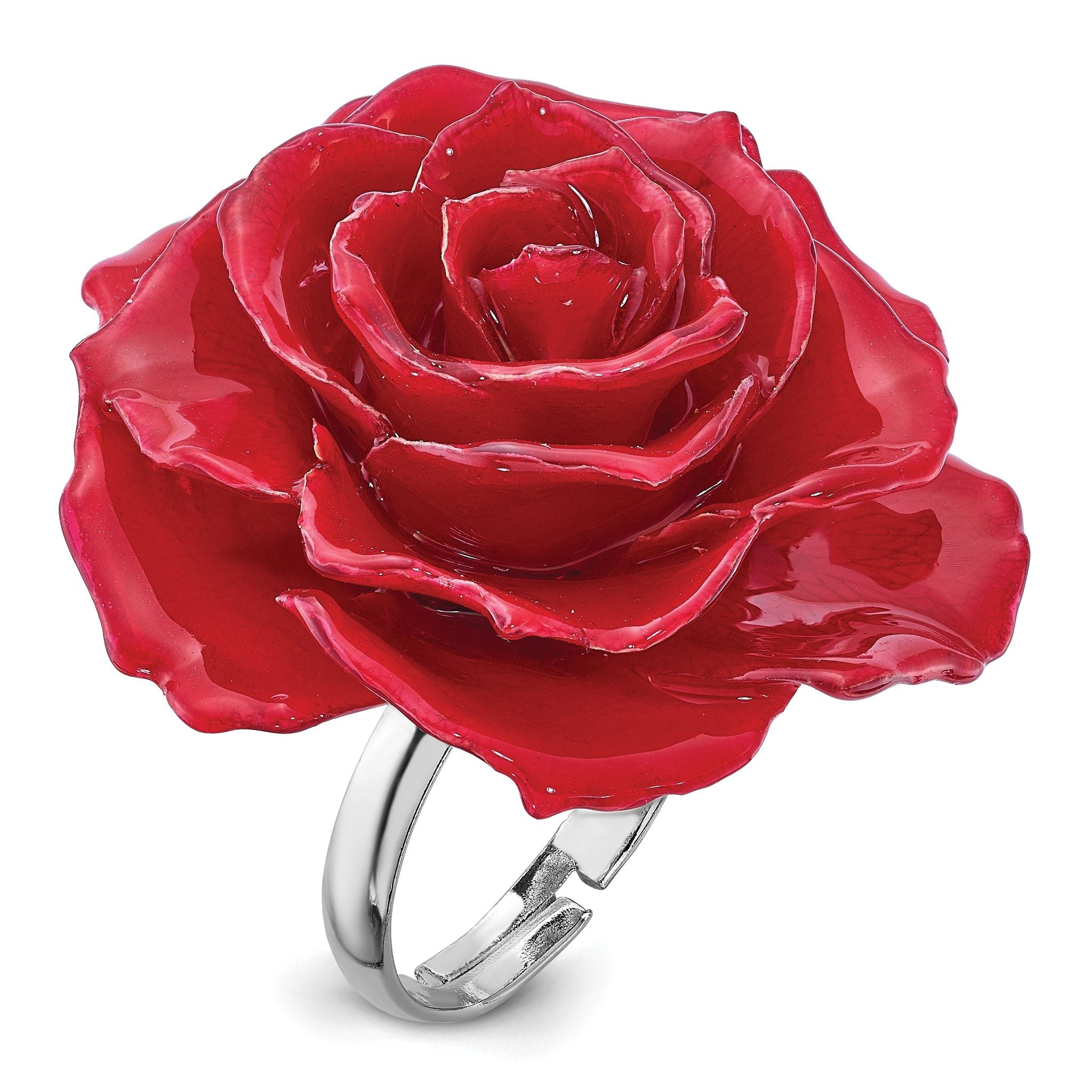 Lacquer Dipped Red Real Rose Adjustable Silver-tone Ring Main image