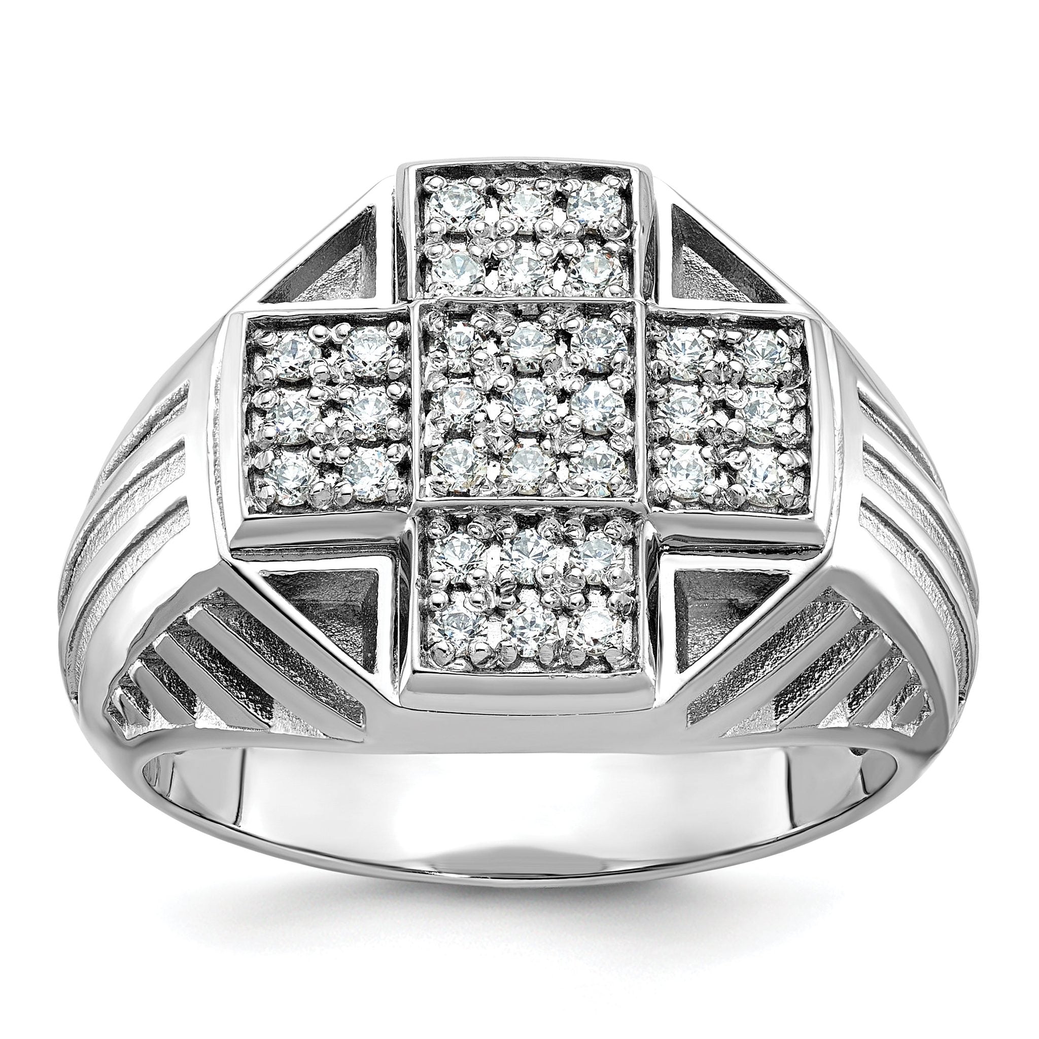 14k White Gold Men's Polished Textured and Grooved 1/2 Carat AA Quality Diamond Cross Cluster Ring Main image