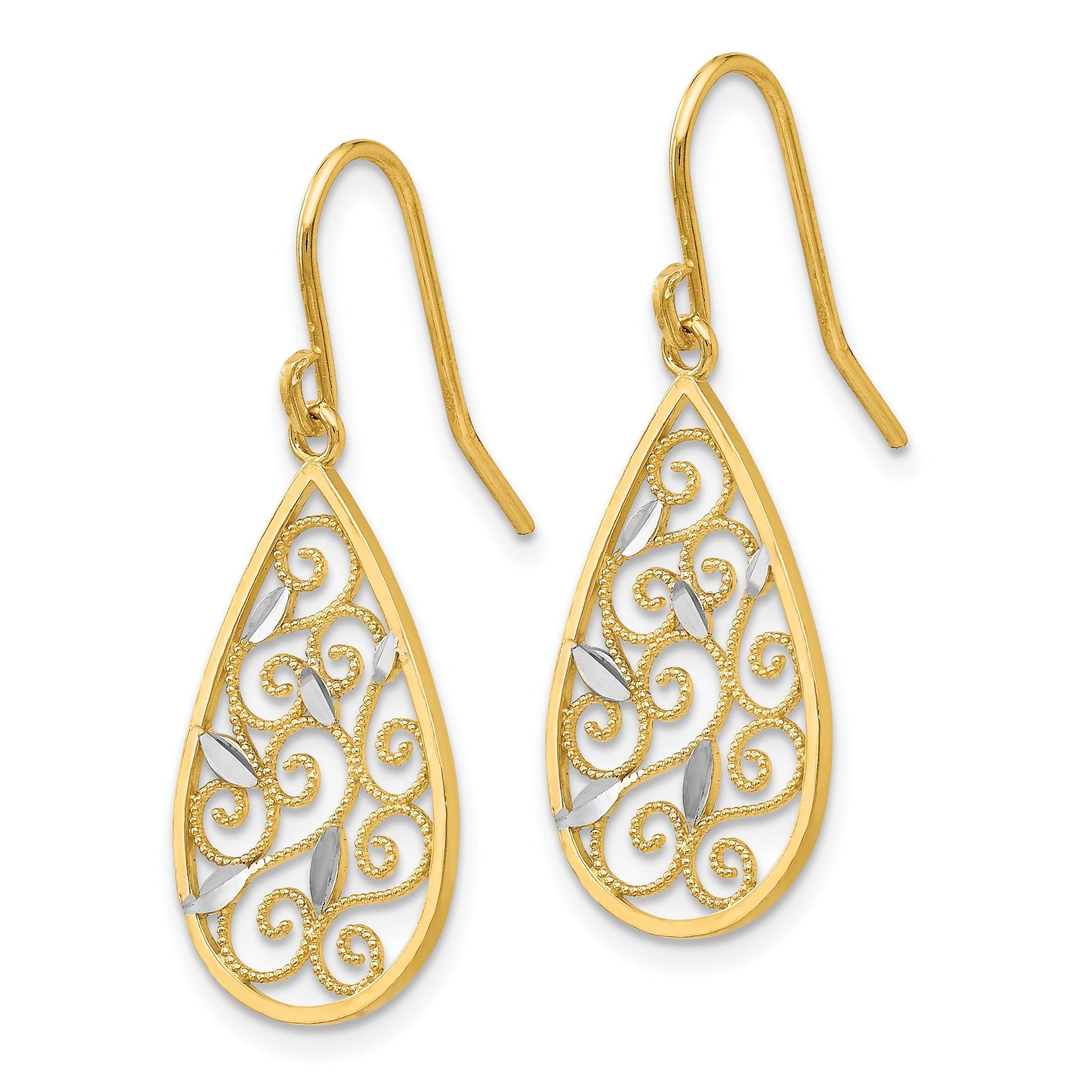 14K White Rhodium Diamond-Cut Filigree Teardrop Gold Earrings  Elegant Dangle Design