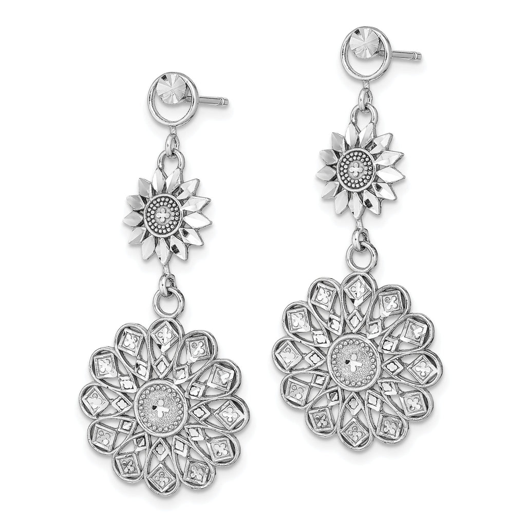 14K White Gold D/C Sunflower Style Double Drop  Earrings