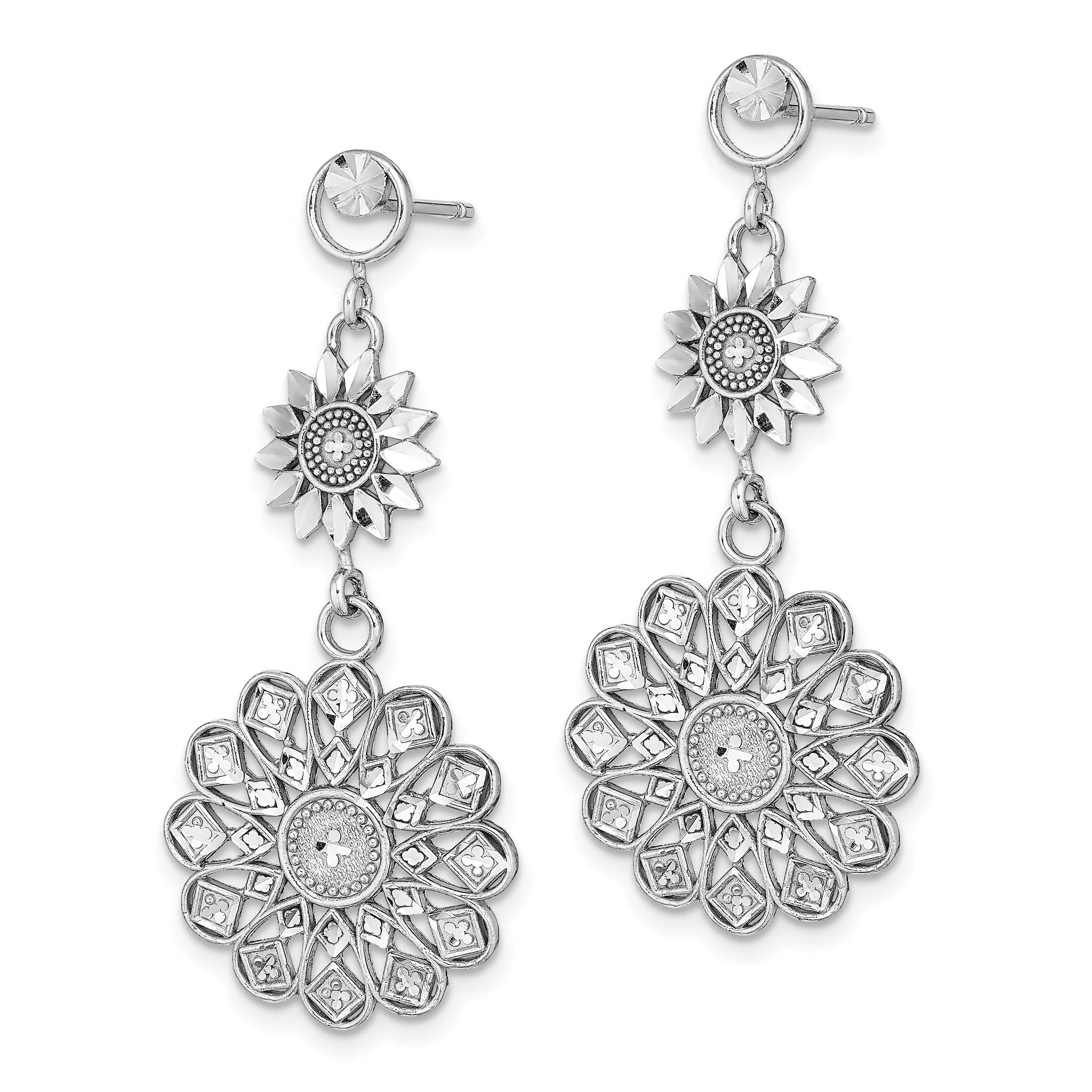 14K White Gold D/C Sunflower Style Double Drop  Earrings