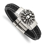Stainless Steel Antiqued and Polished Spider Black Braided Faux Leather Bracelet for Men
