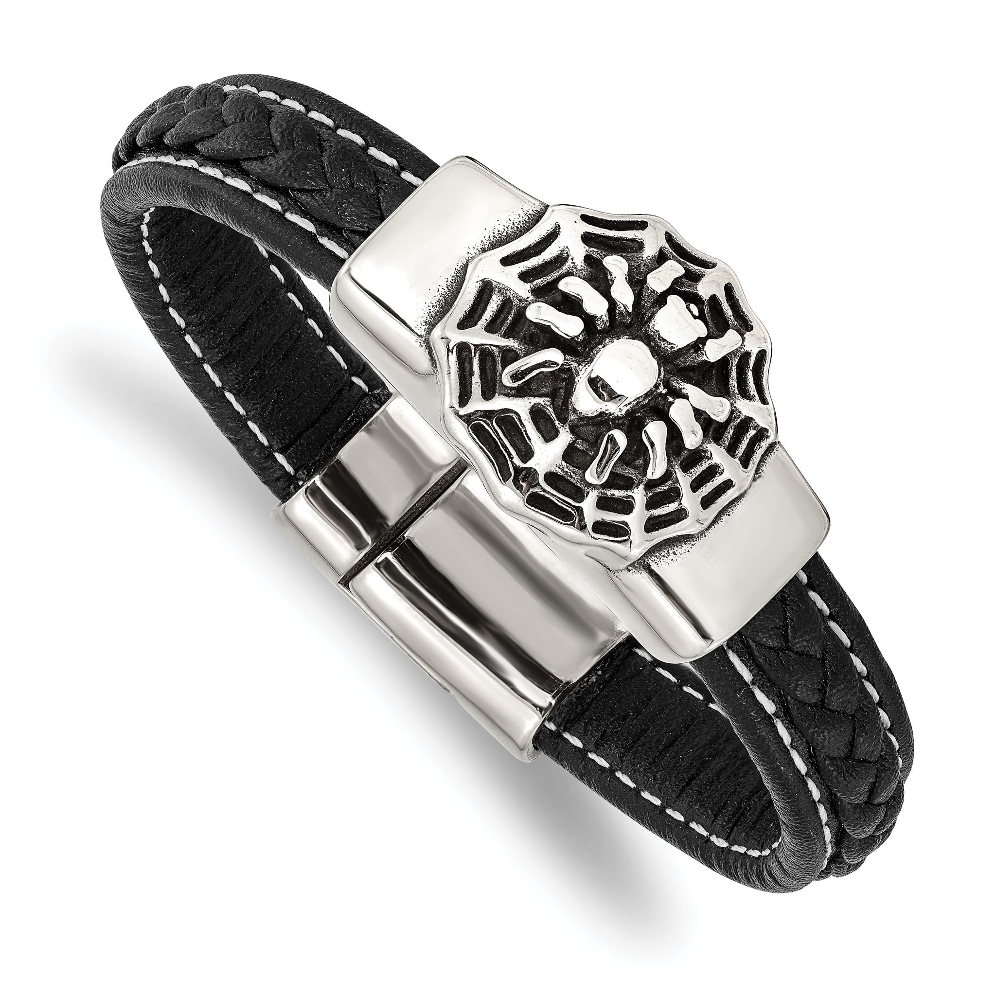 Stainless Steel Antiqued and Polished Spider Black Braided Faux Leather Bracelet for Men