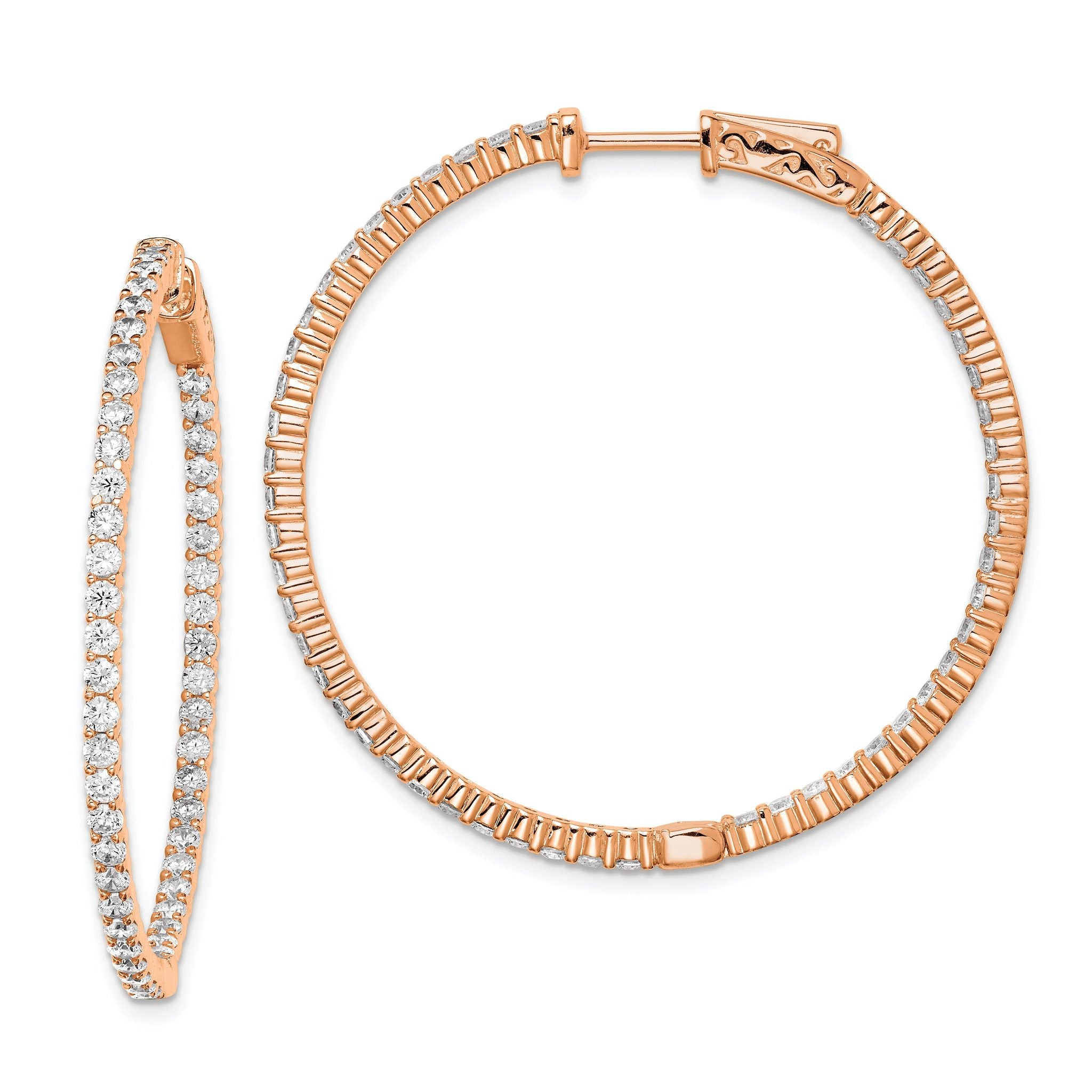 Sterling Shimmer Sterling Silver Rose-tone Flash Rose Gold-plated 78 Stone 2mm CZ In and Out Round Hinged Hoop Earrings Main image