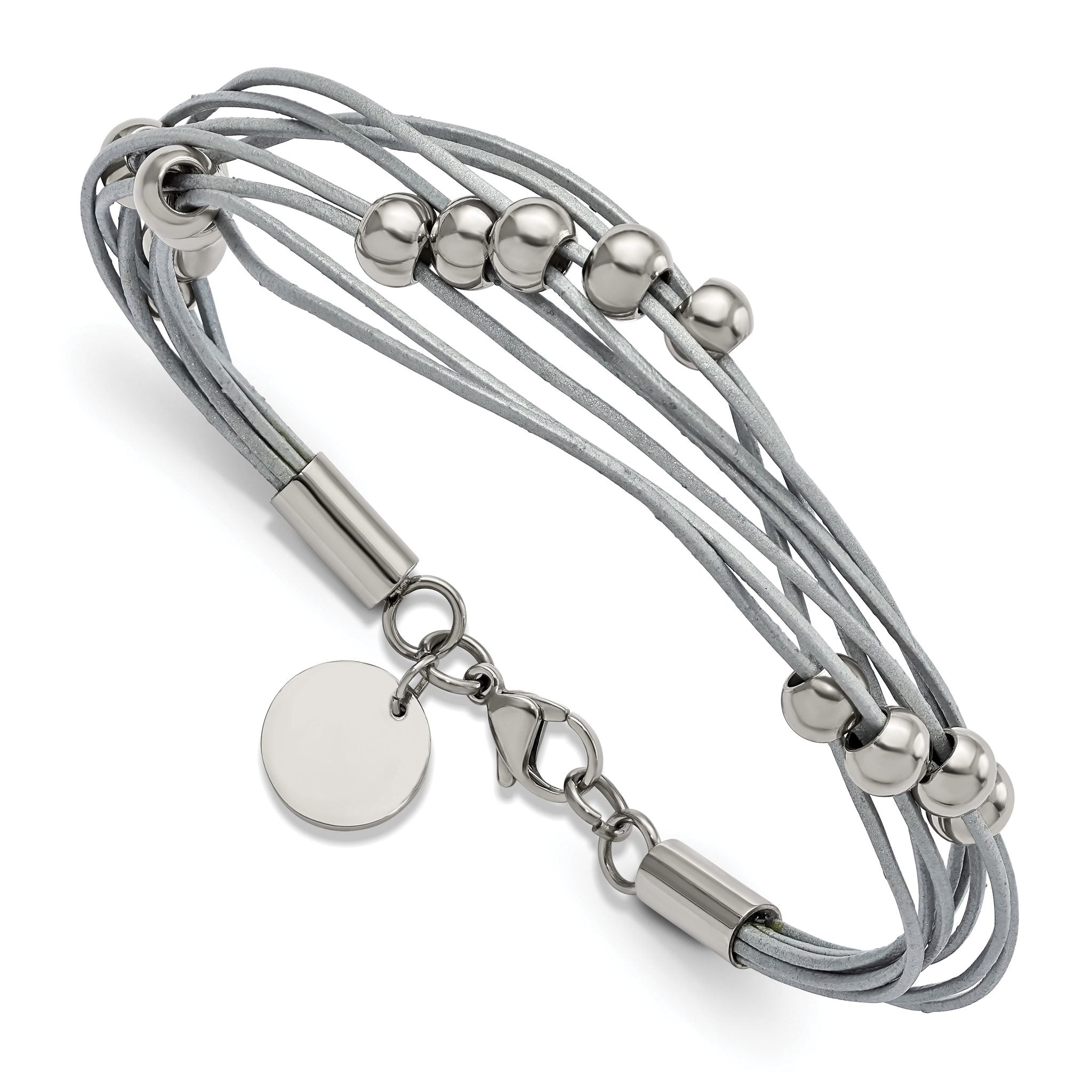 Stainless Steel Polished Beaded Multi-Strand Grey Leather Bracelet for Women